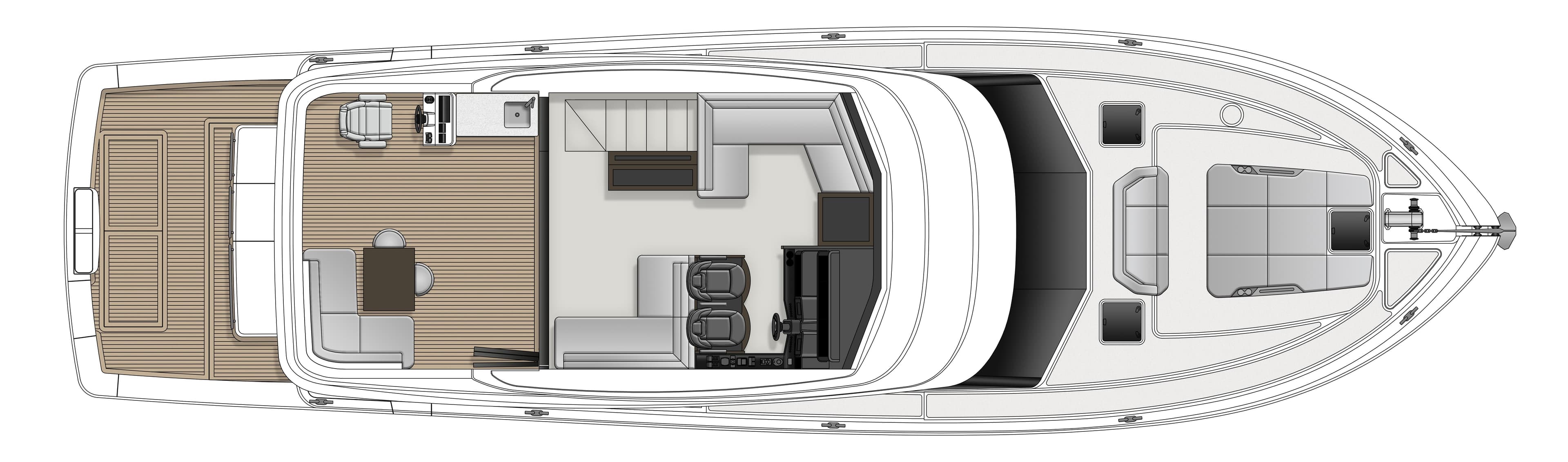 Top view layout of 2026 Maritimo M600 yacht, showcasing interior and deck design.