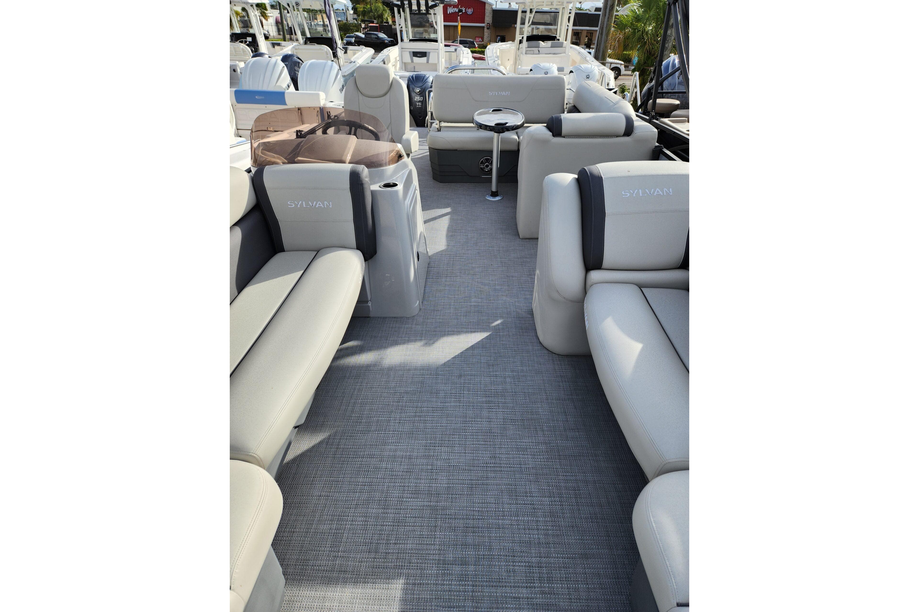 2023 Sylvan X5 boat interior with luxurious seating and modern design.
