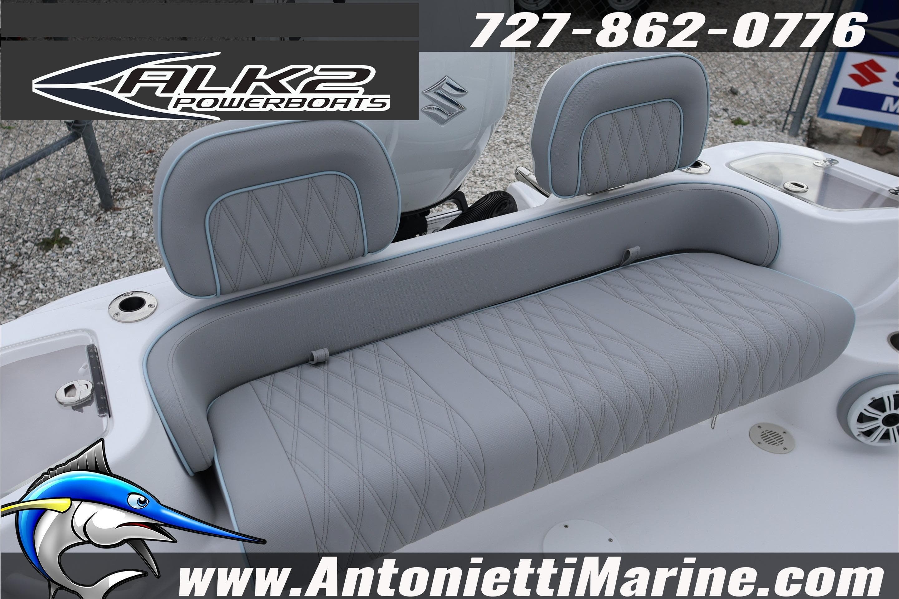 2026 ALK2 Powerboats 23 CRX with gray cushioned seating, contact details, and logo.