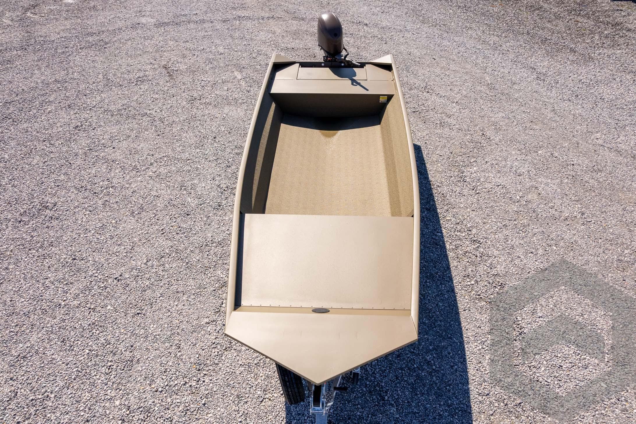 2026 G3 Gator Tough 1860 VBW boat on gravel surface, top view.