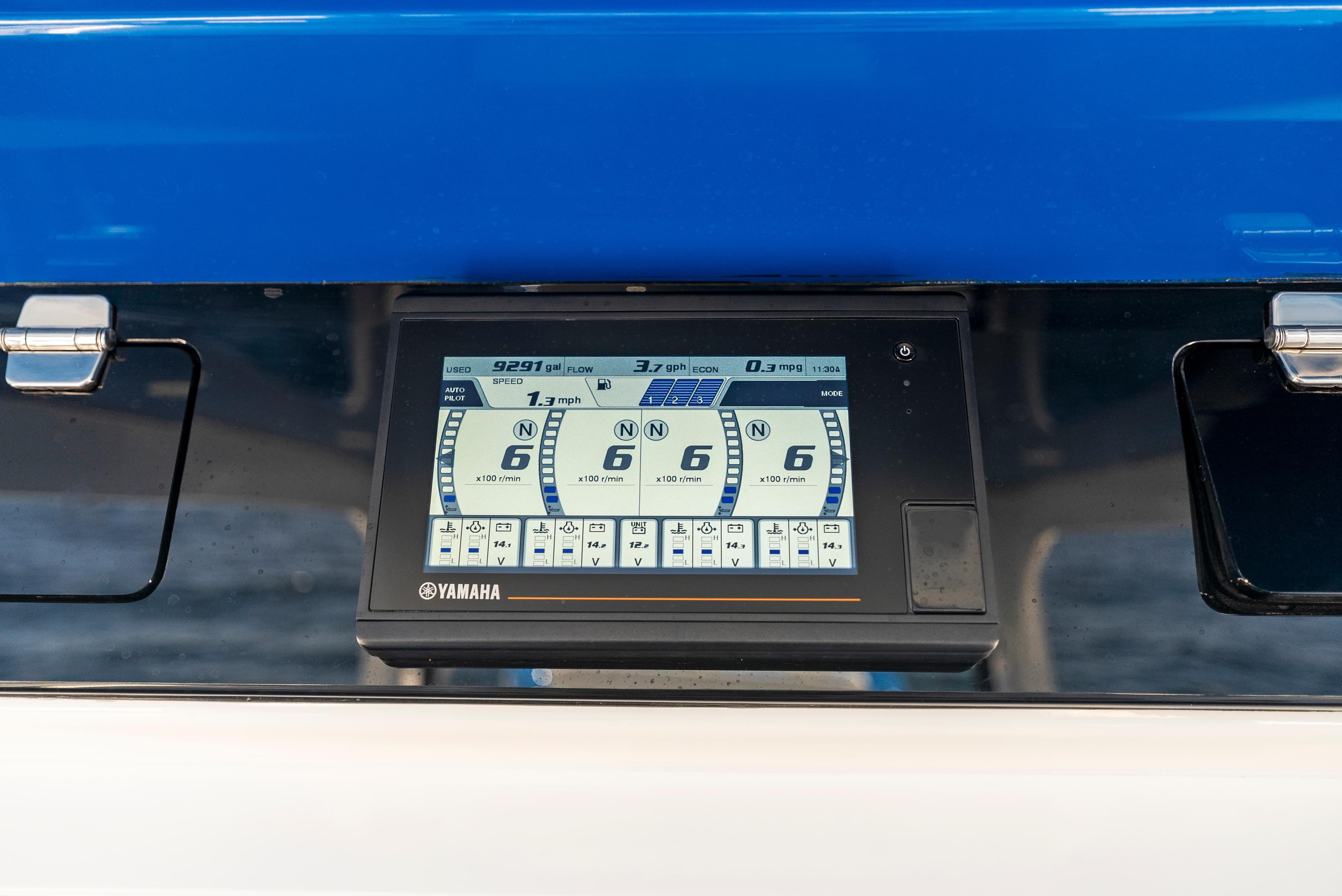 Yamaha display on 2022 HCB Suenos boat dashboard, showing engine data.