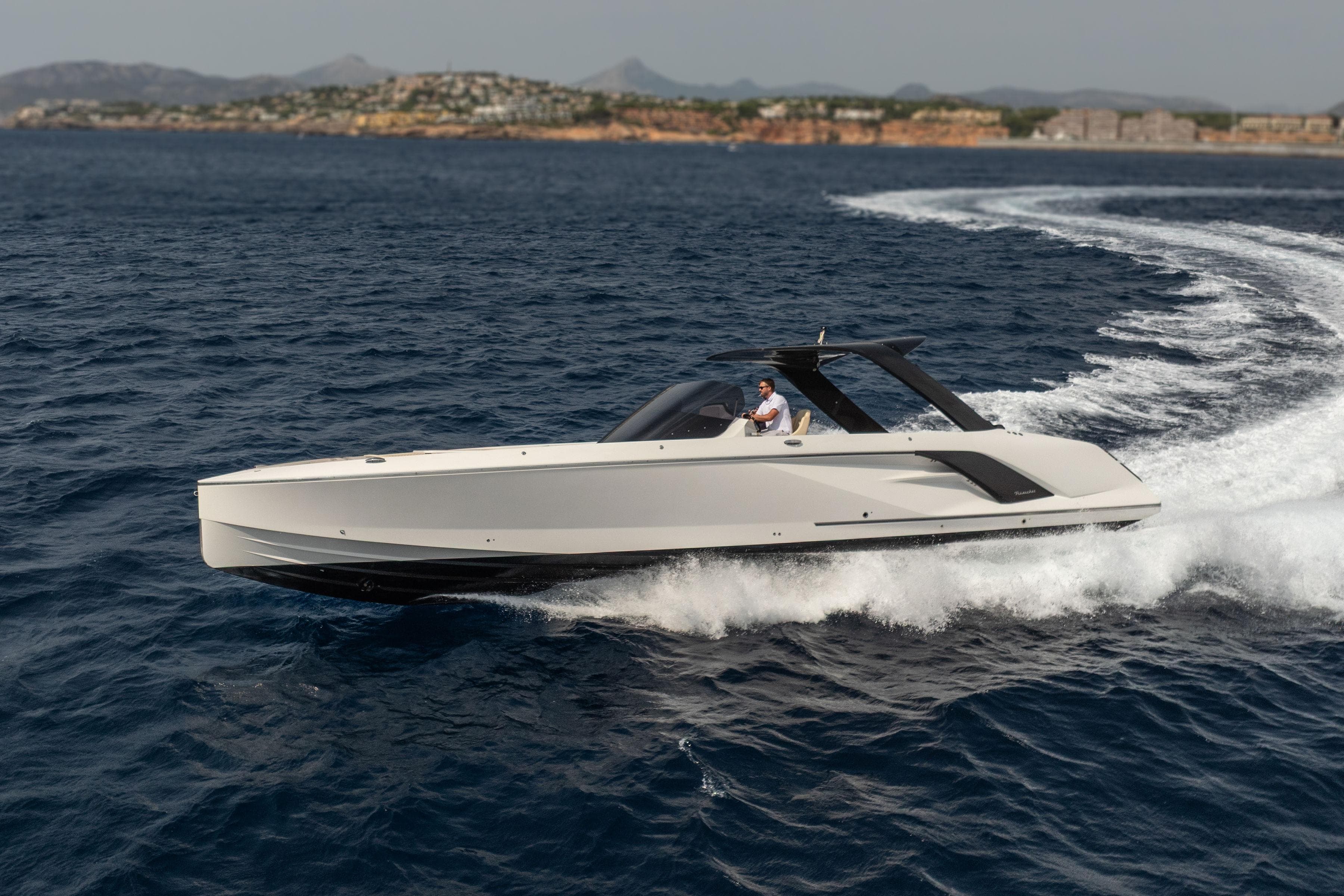 2022 Frauscher 1414 Demon Air yacht cruising on open water.