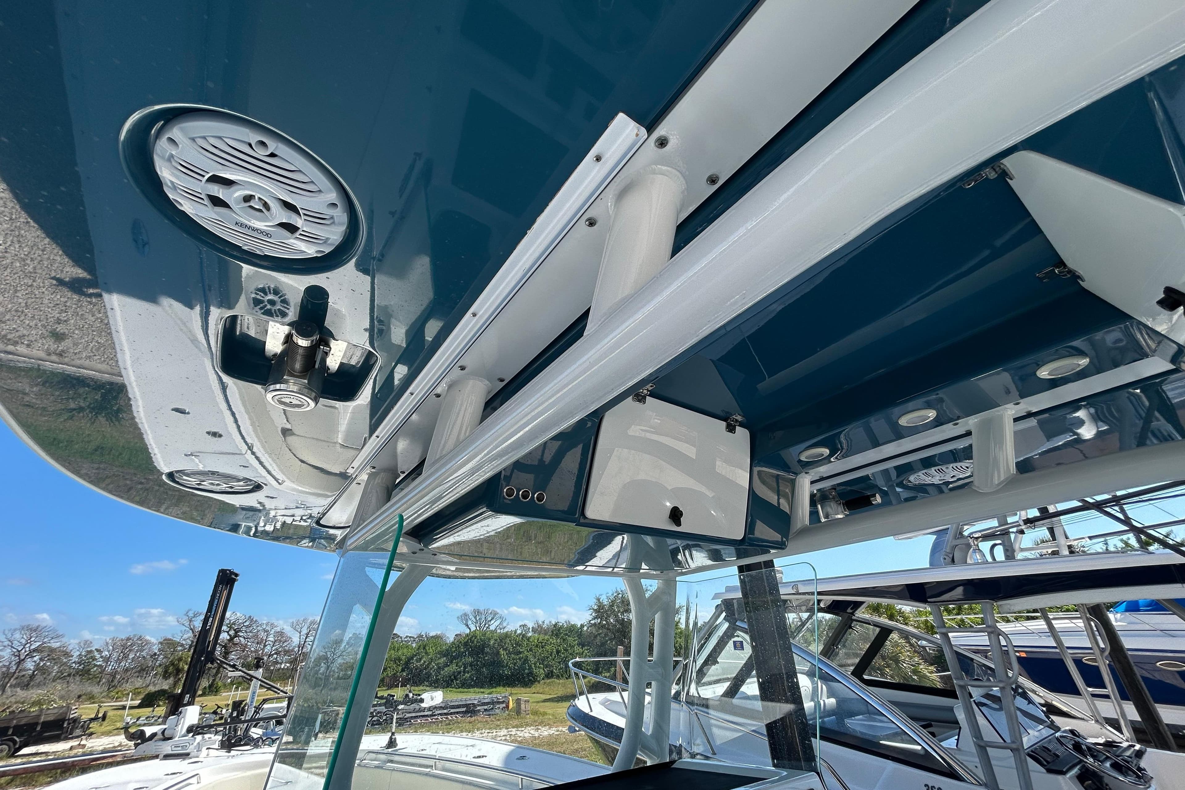 2022 Cape Horn 36 boat interior with speakers and sleek design.