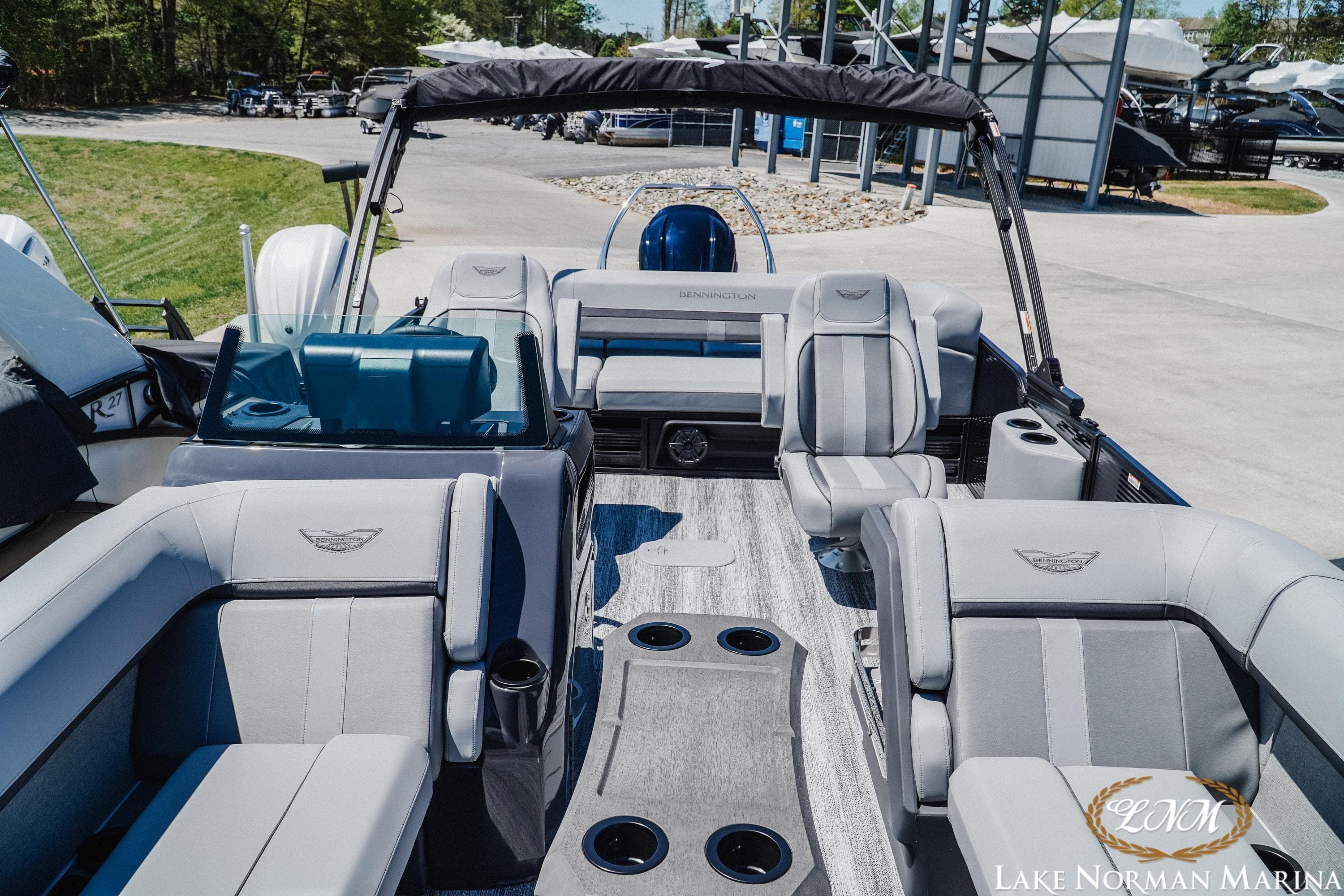 2026 Bennington 23MSB pontoon boat interior with luxurious seating at Lake Norman Marina.