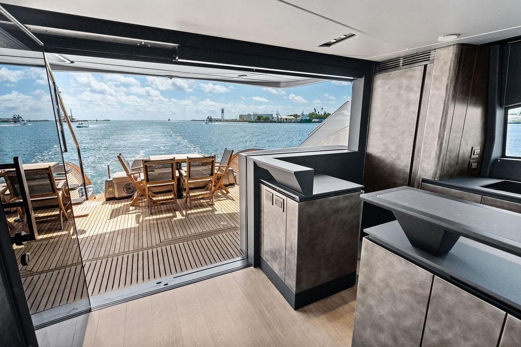 Luxurious interior of 2025 Pershing GTX 80 yacht with ocean view.