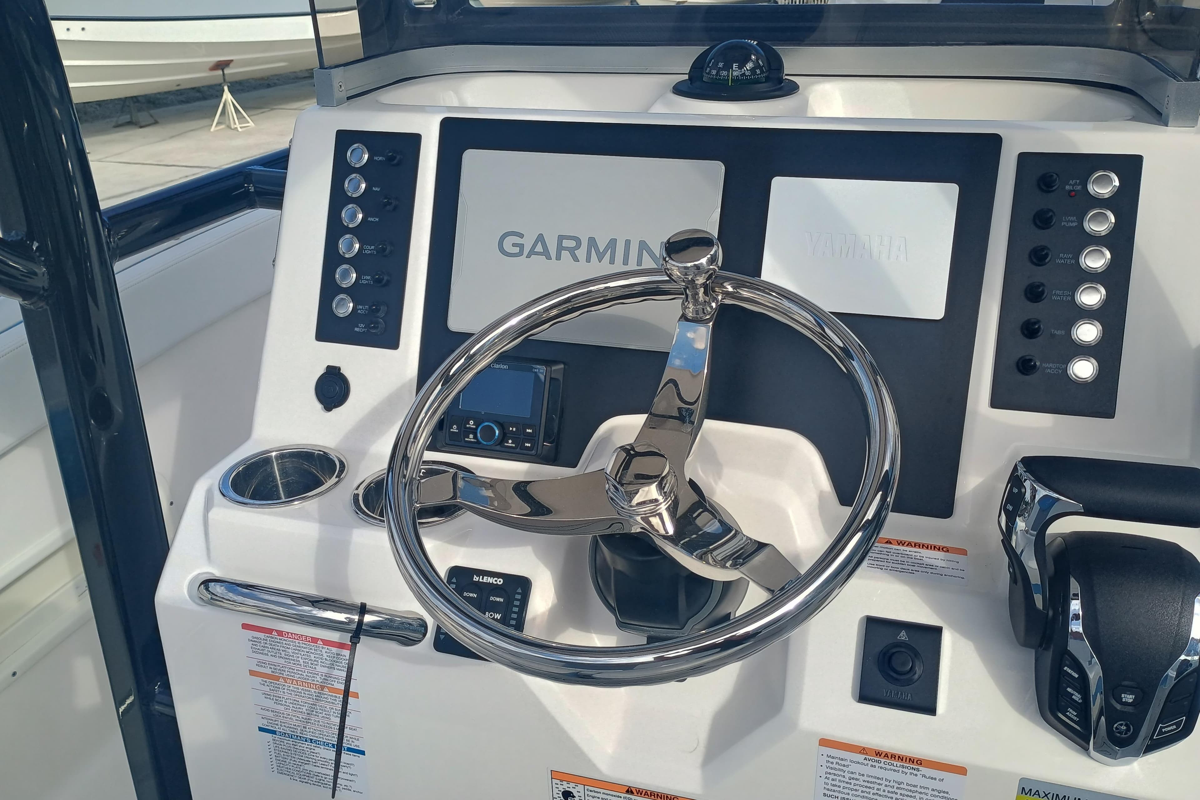 2026 Robalo R222 Center Console boat dashboard with Garmin navigation system.