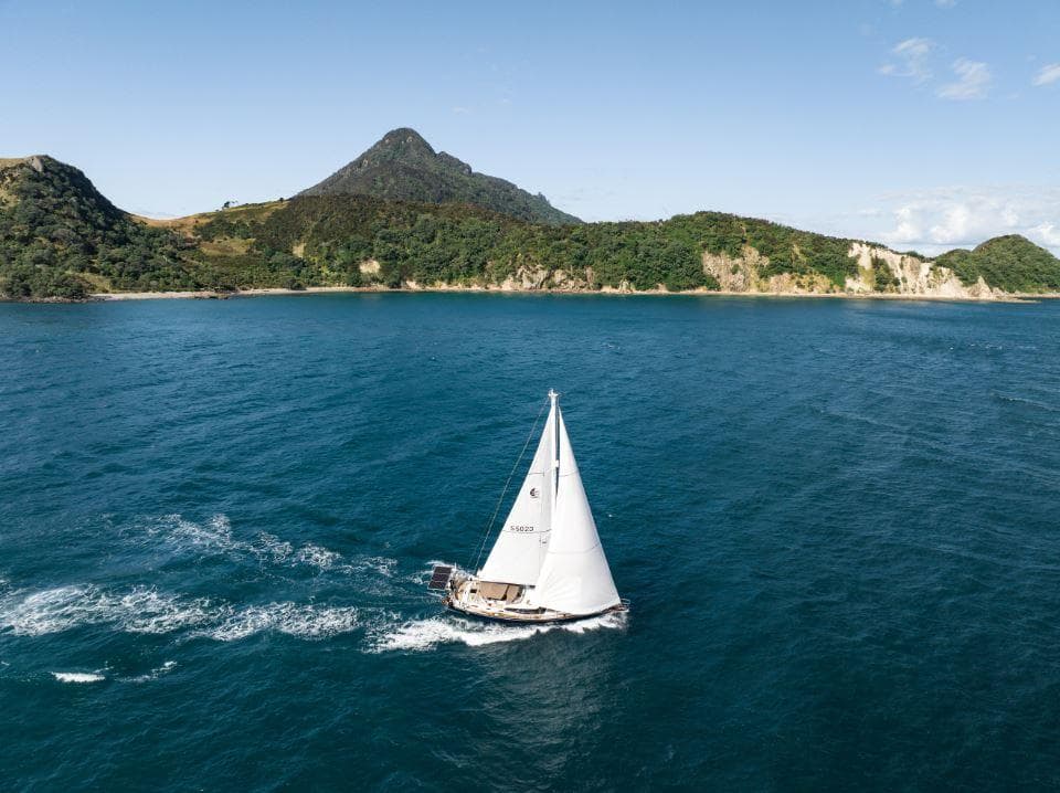 Sailboat Discovery 55 (2008) cruising near lush island with mountain backdrop.