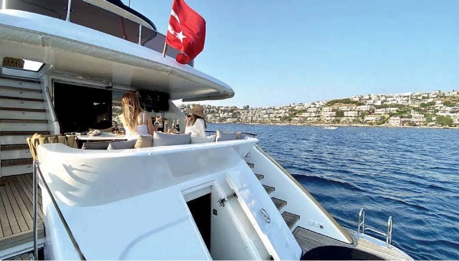Luxury Bilgin 30-meter yacht cruising with Turkish flag, 2004 model, scenic coastal view.
