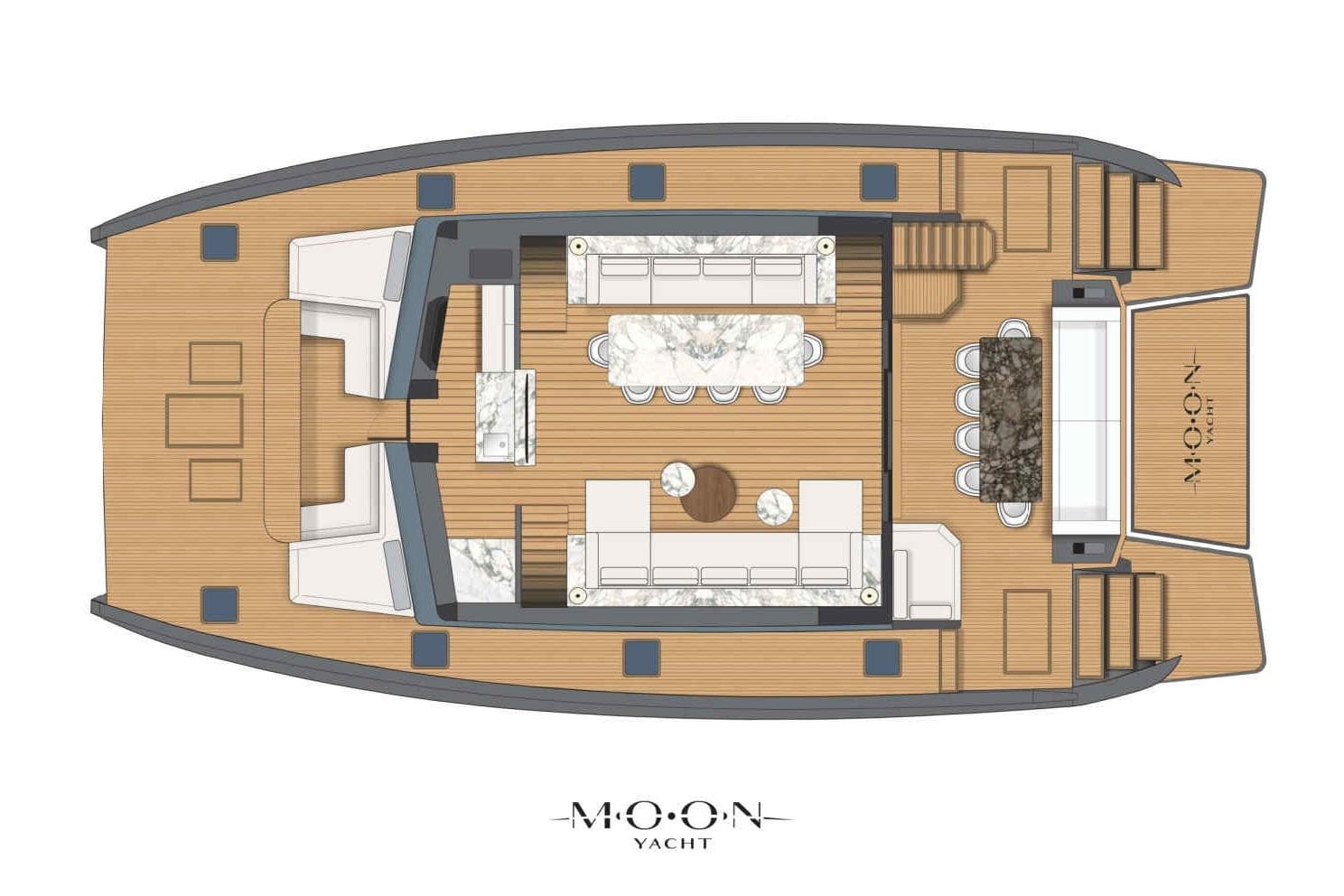 Top view layout of 2026 Moon 60 Power yacht, featuring luxurious interior design.