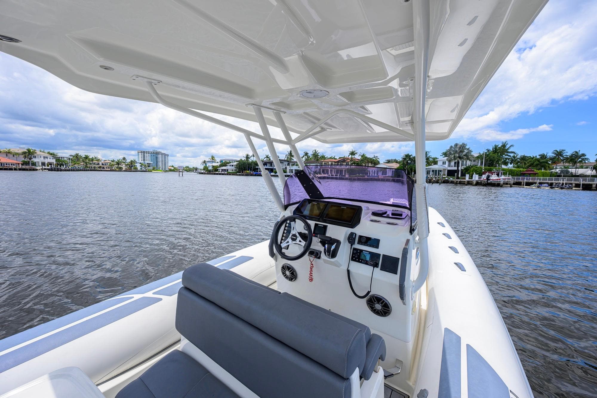 2021 Brig Eagle 8 boat on calm water, featuring modern helm and seating.