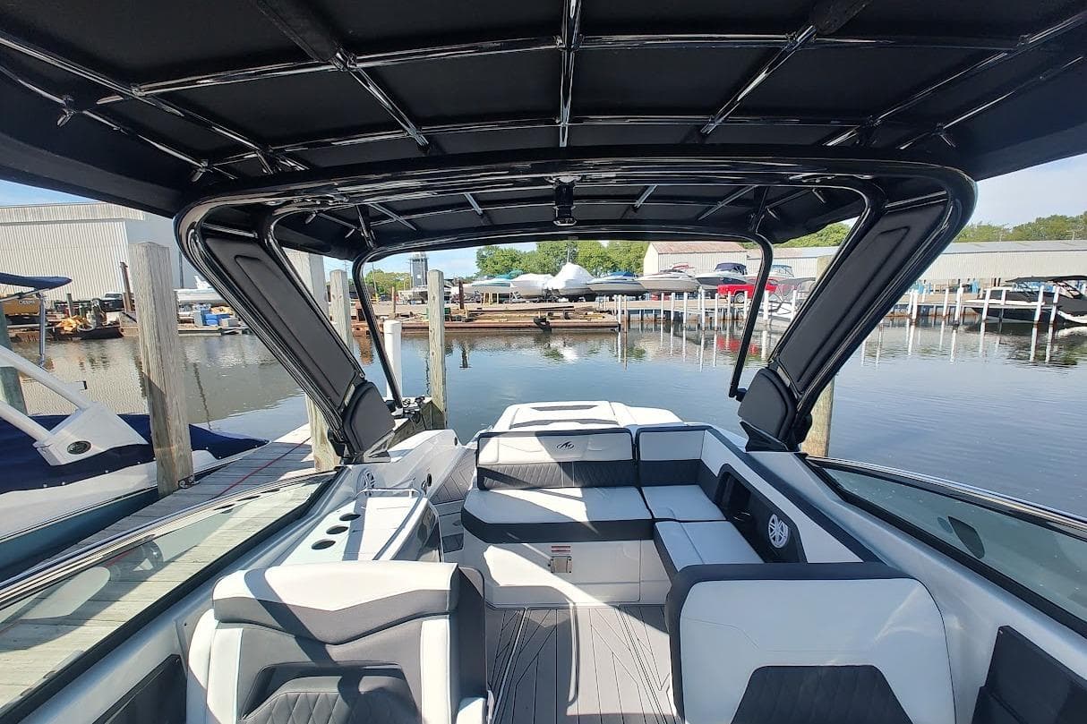 2023 Monterey 298SS Super Sport boat interior at marina dock.