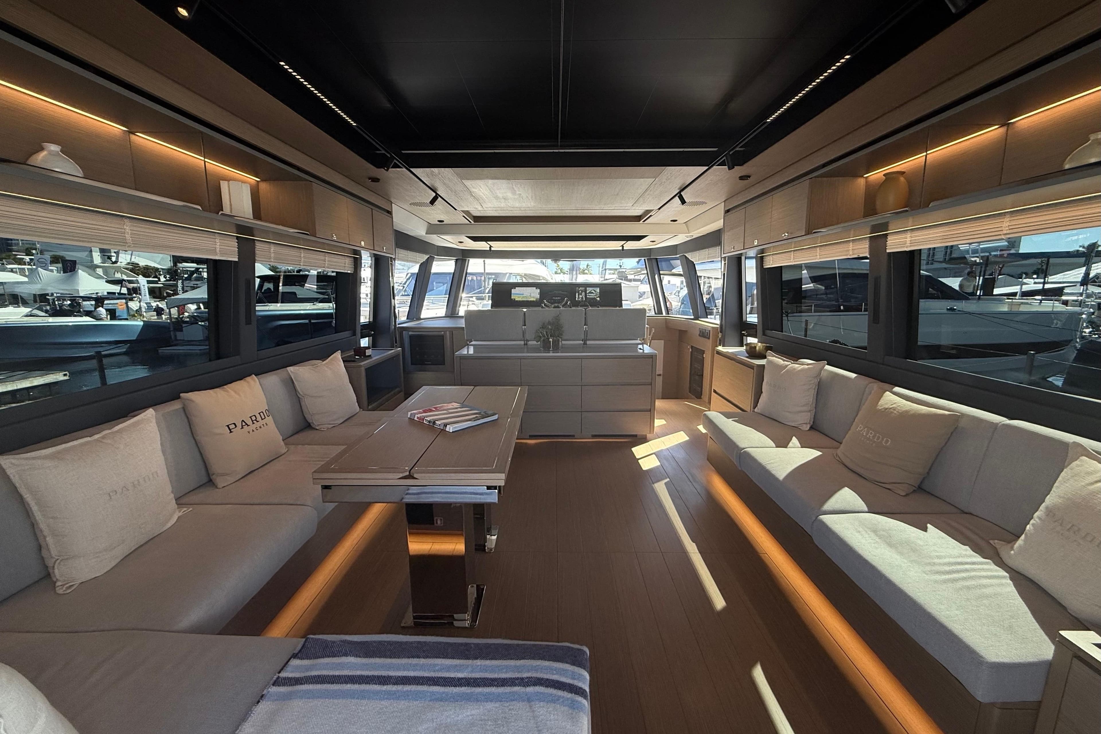 Luxurious interior of 2026 Pardo Yachts GT75 with elegant seating and modern design.