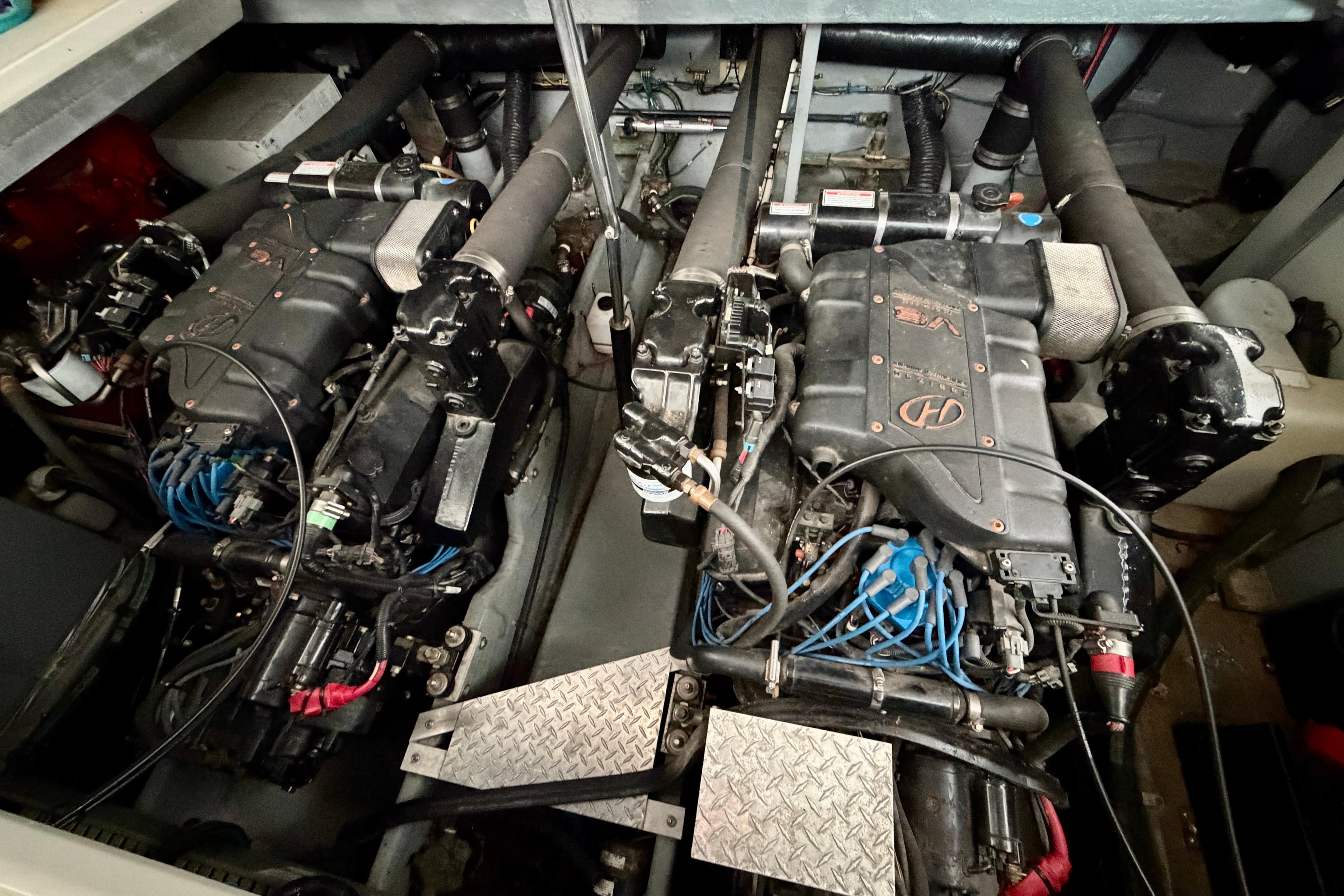 Engine room of a 1999 Sea Ray 400 Sundancer with dual engines.