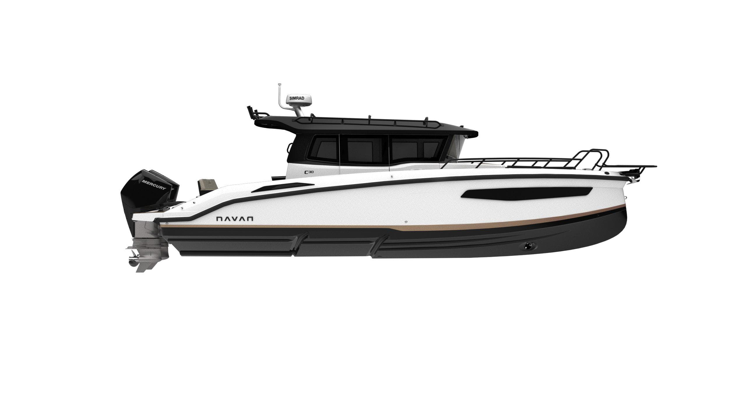 Navan C30 2025 boat, sleek design, side view, white and black color scheme.