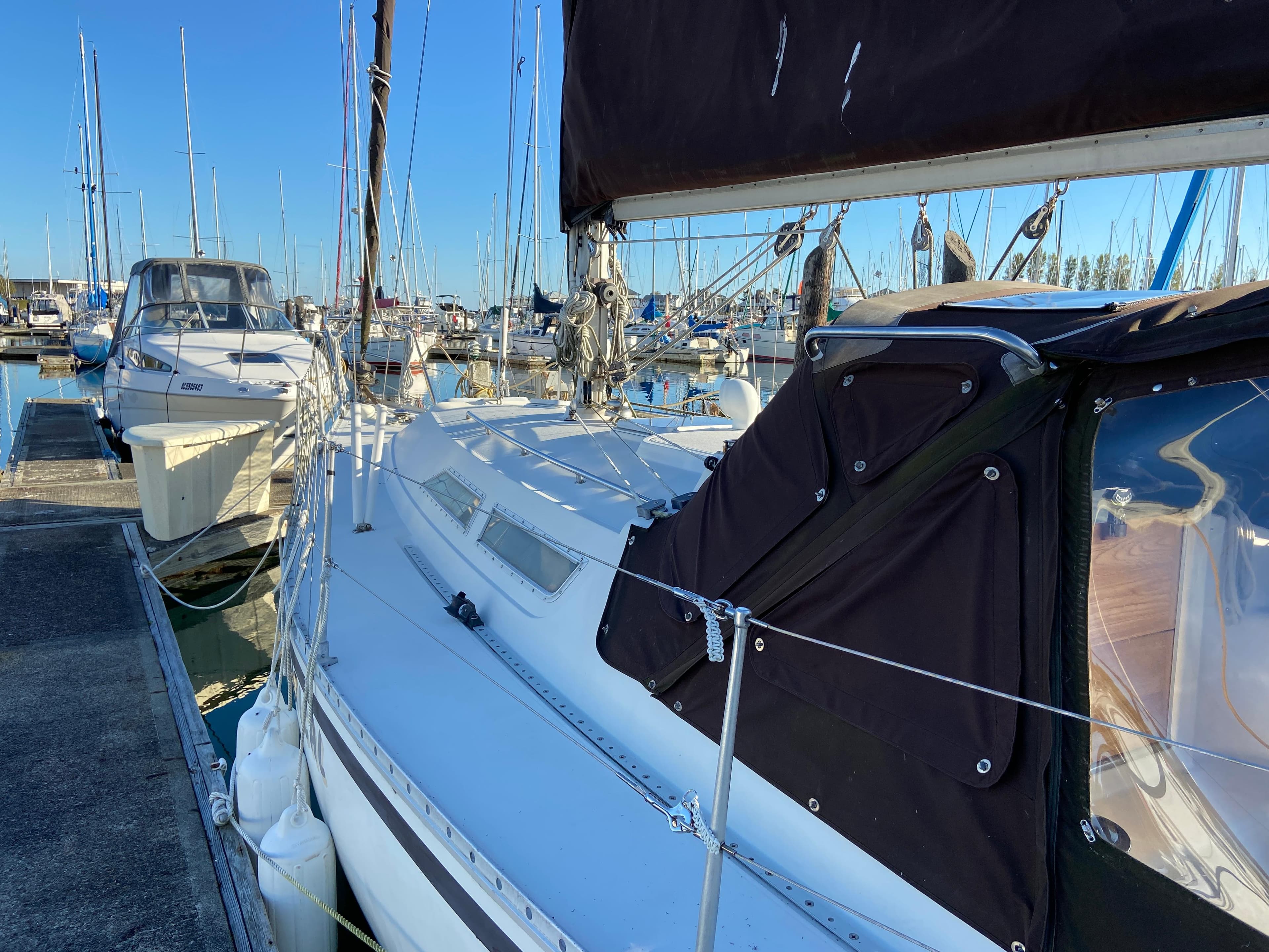 1981 CS 33 sailboat docked in marina.