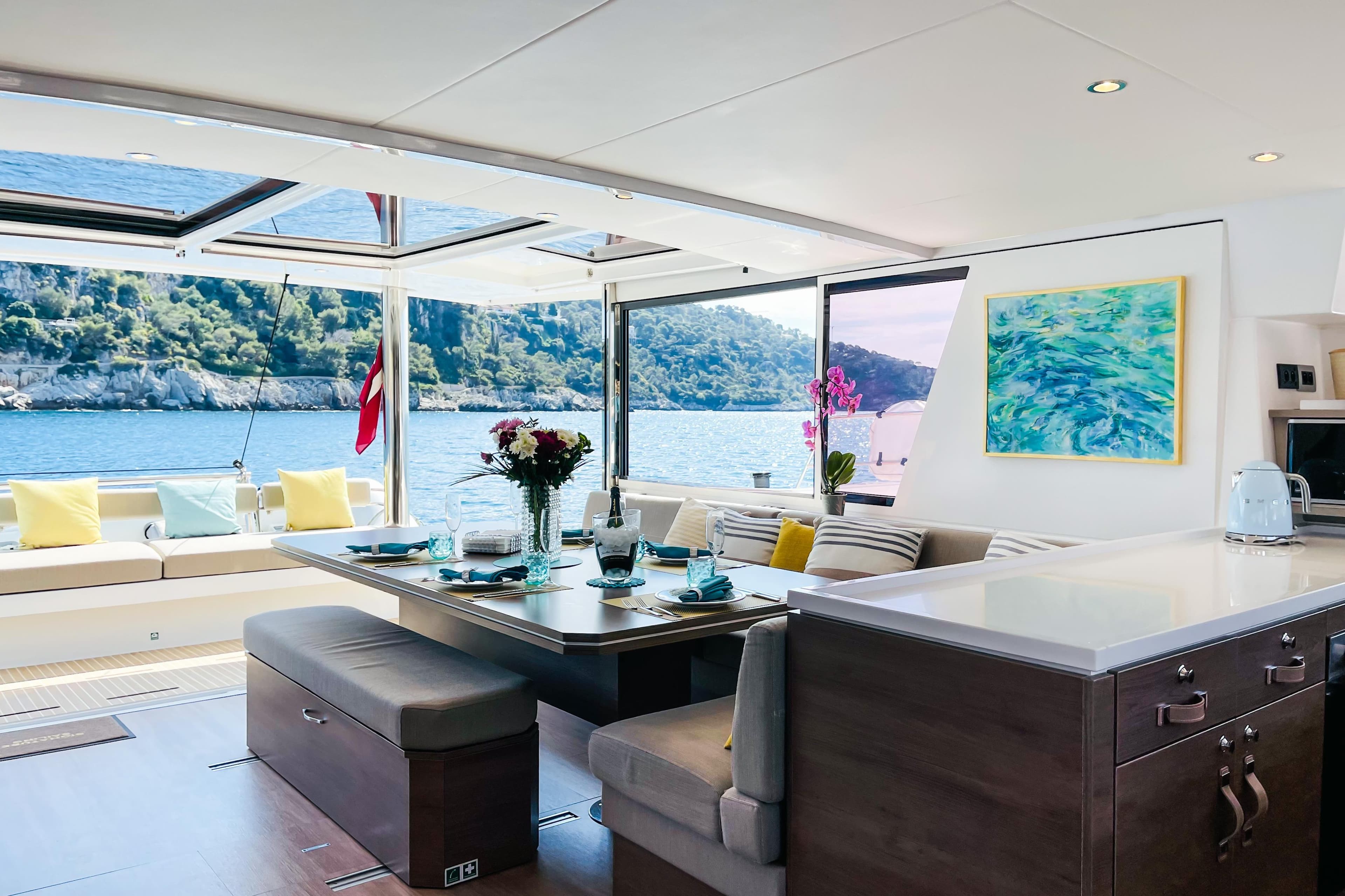 Luxurious interior of 2022 Bali 5.4 yacht with scenic ocean view.