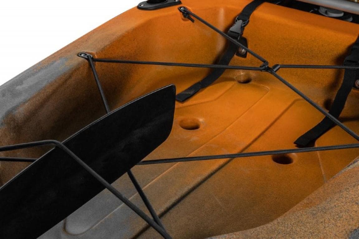 2023 Old Town Sportsman PDL 106 kayak interior with storage and bungee cords.