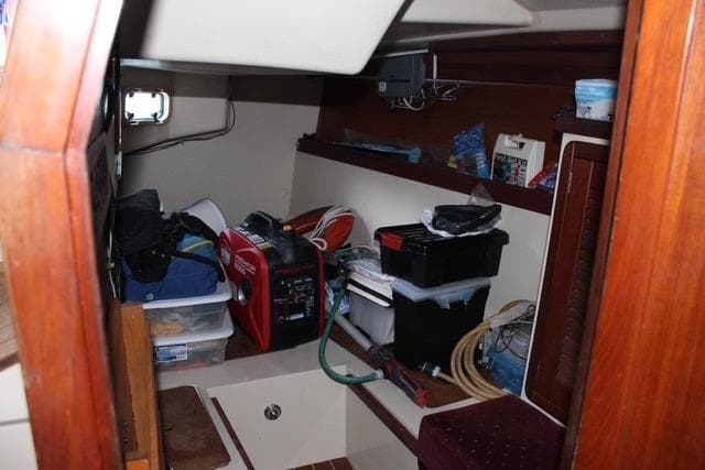 Interior of 1989 Catalina 42 sailboat with storage and equipment.