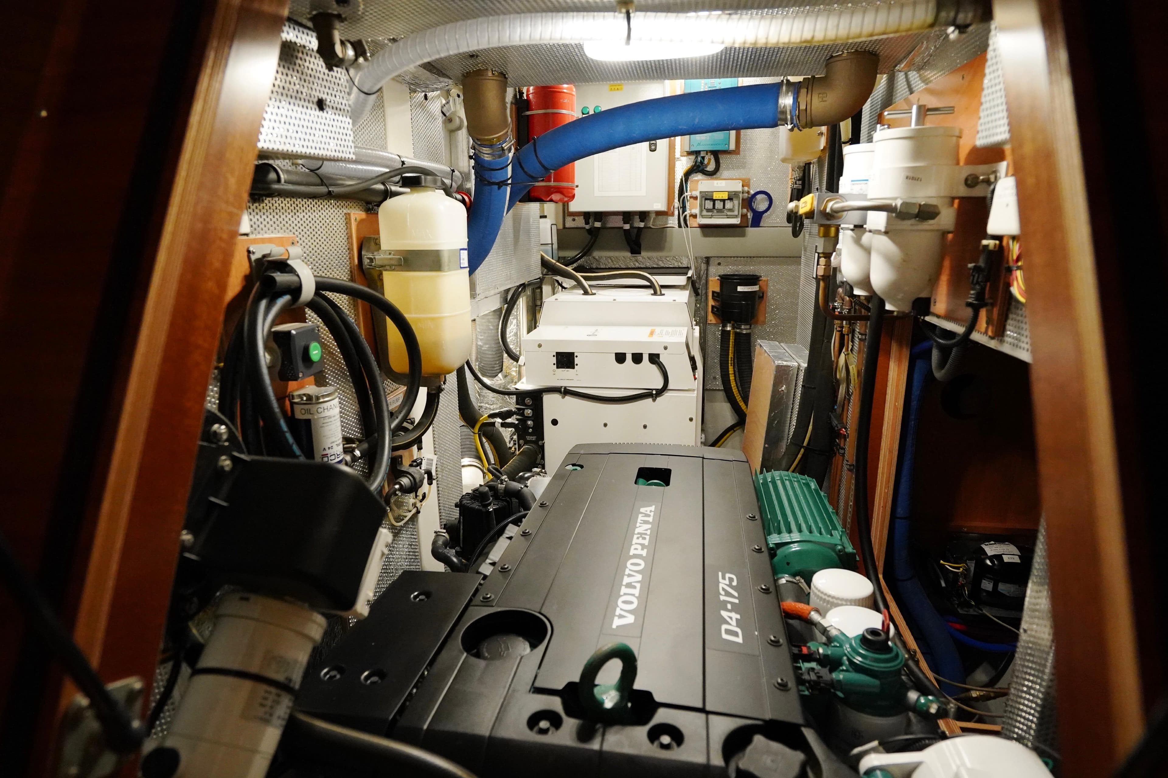 Engine room of a 2020 Hallberg-Rassy 57 yacht with Volvo Penta D4-175 engine.