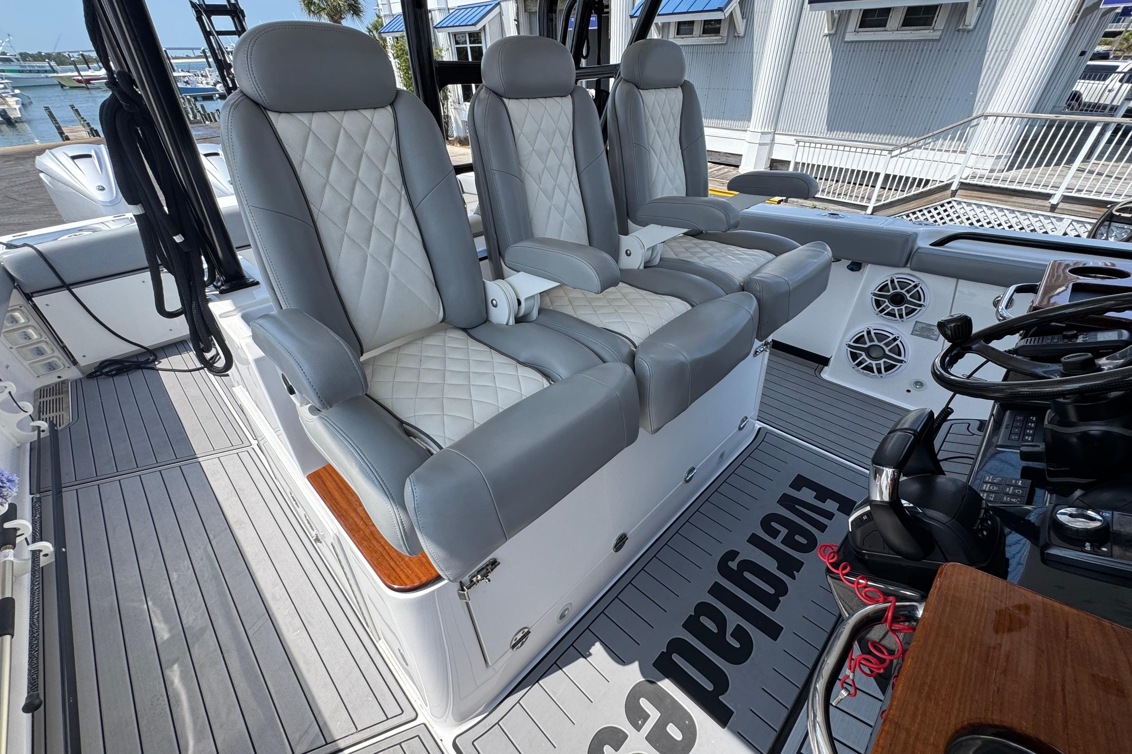 Luxury seating on 2022 Everglades 395 Center Console boat, featuring premium upholstery and modern design.