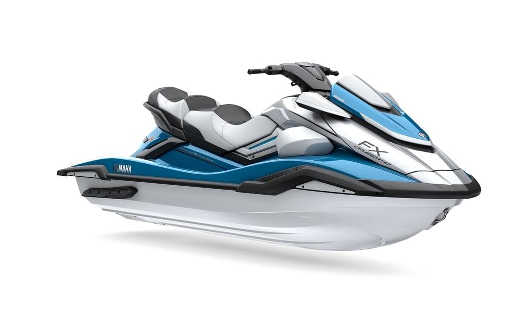 2026 Yamaha WaveRunner FX Cruiser HO, sleek blue and white design, side view.
