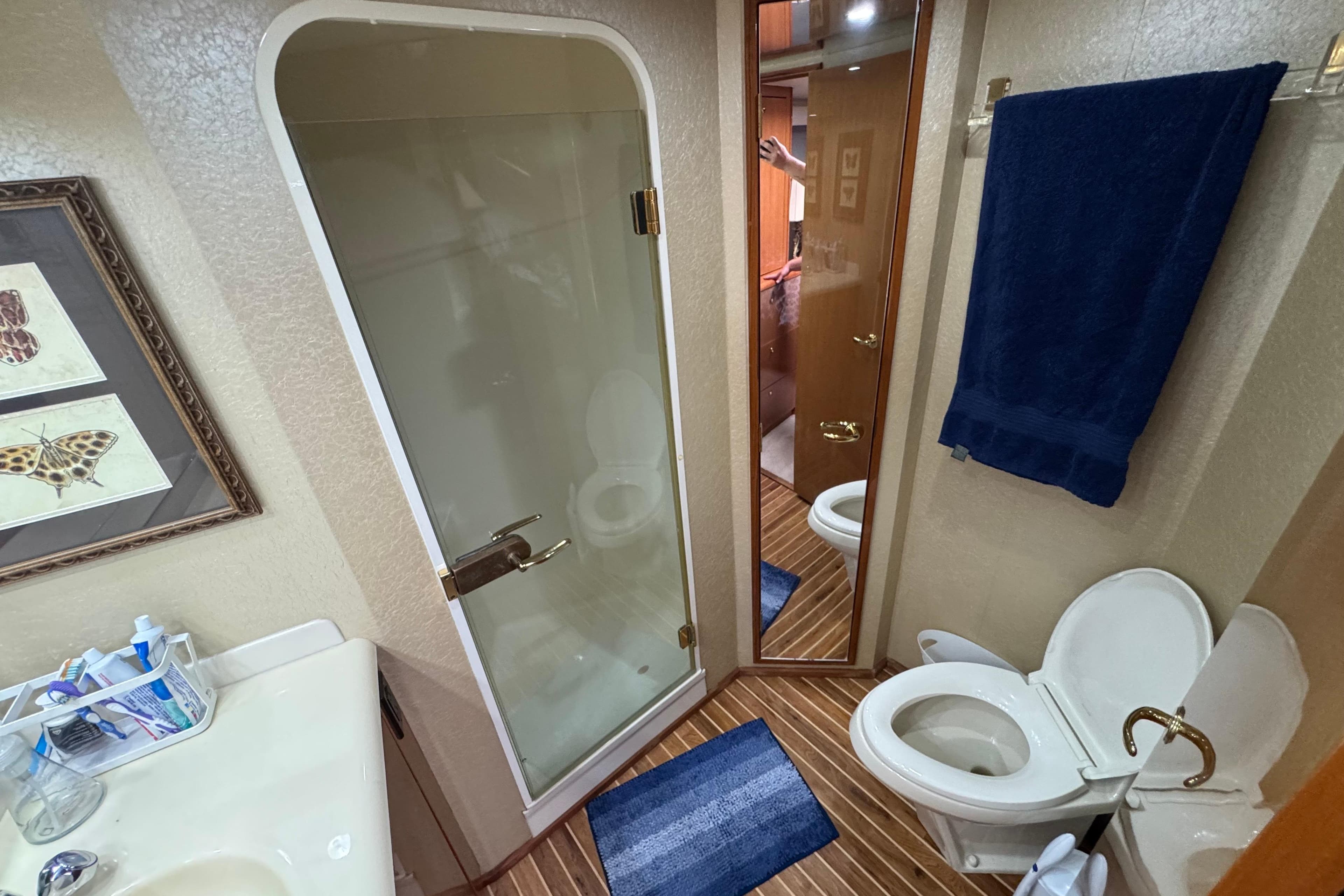 Bathroom interior of 2002 Viking 61 Enclosed Bridge yacht with shower and toilet.