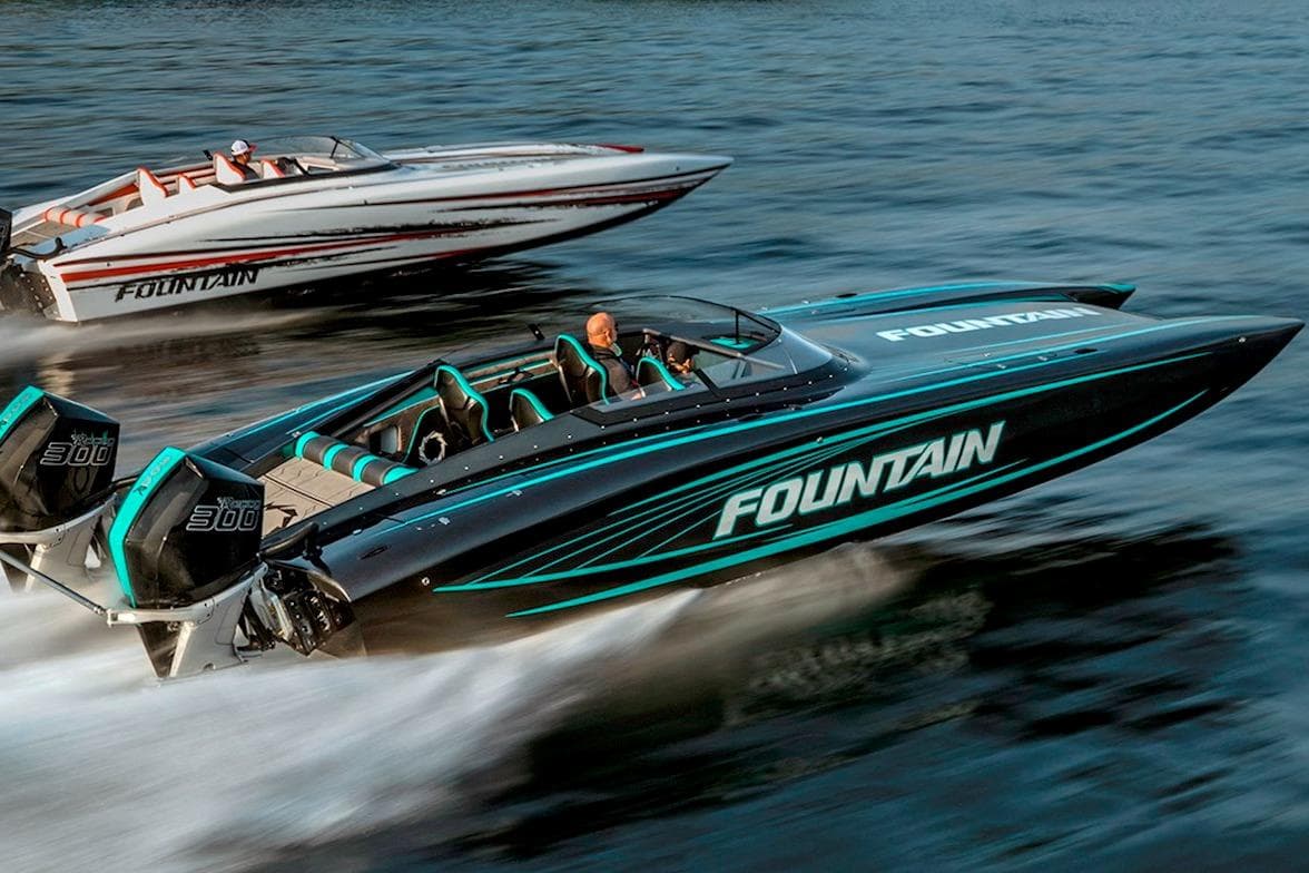 2025 Fountain 34 Thunder Cat speedboats racing on water.