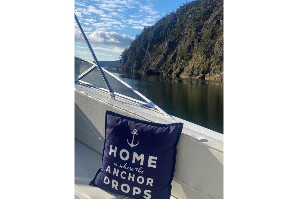Cozy cushion on 2003 Meridian 490 Pilothouse, scenic waterway view, rocky cliffs.