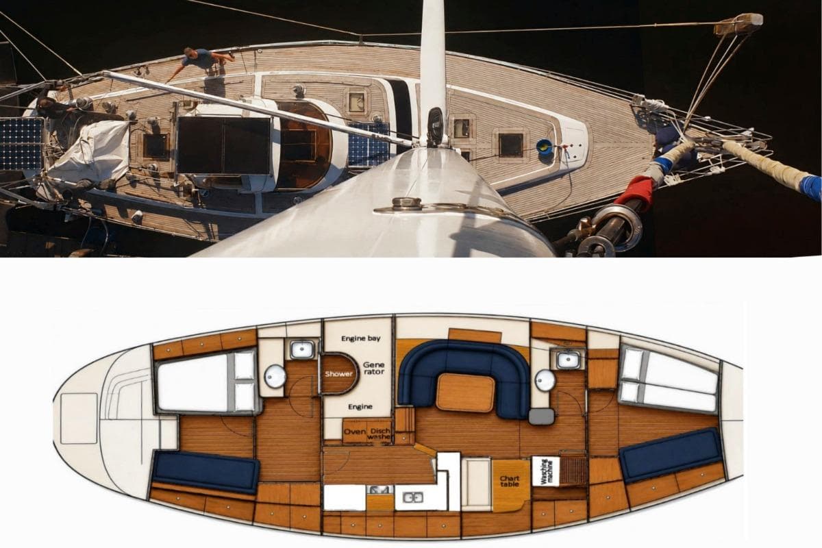 Overhead view and layout of 1989 Dubbel & Jesse Nordsee 55 sailboat, showcasing deck and interior design.
