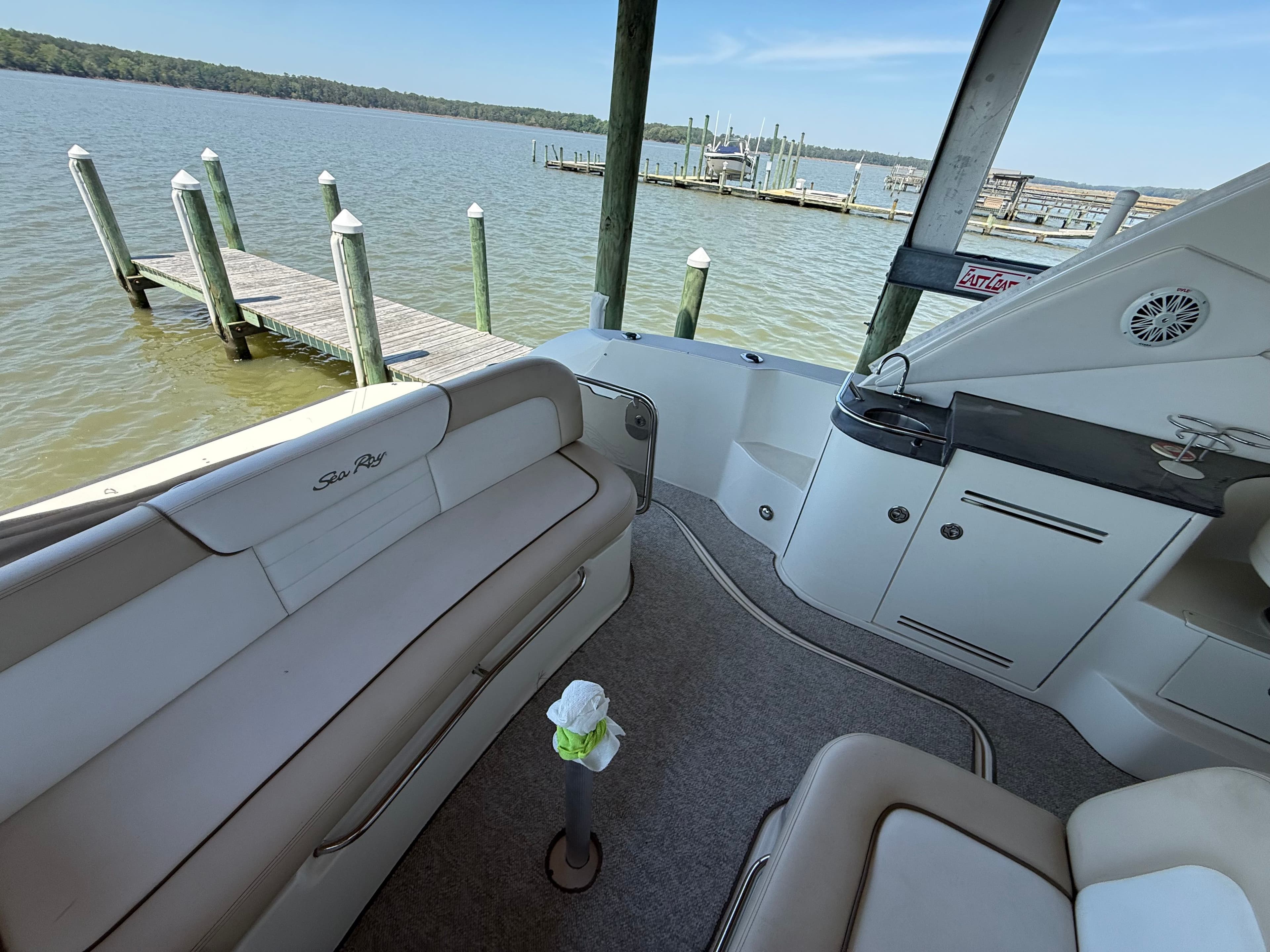 Interior of a 2012 Sea Ray Sundancer 350 yacht at dock.
