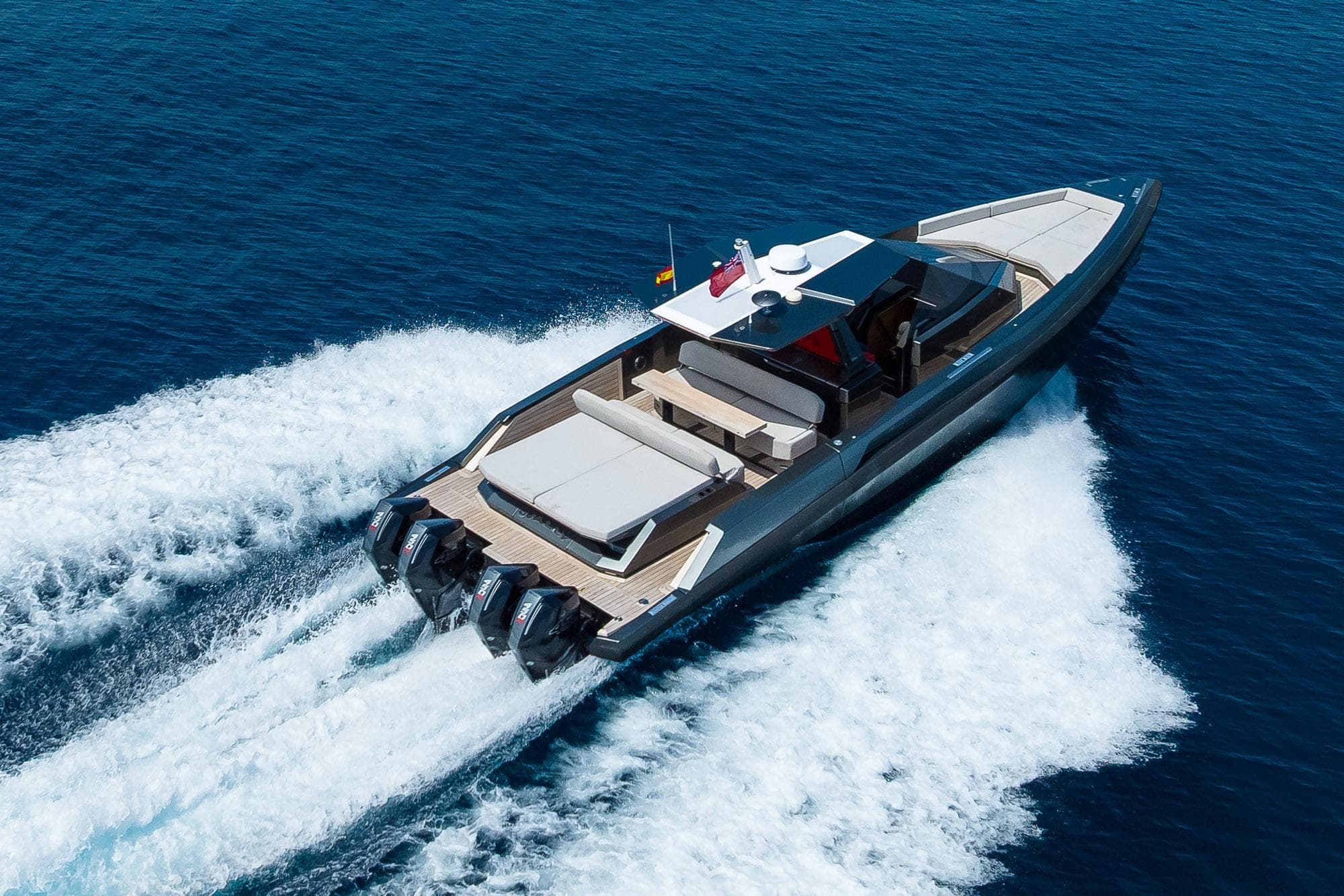 2022 Wally Wallytender 48x yacht cruising on open blue sea.