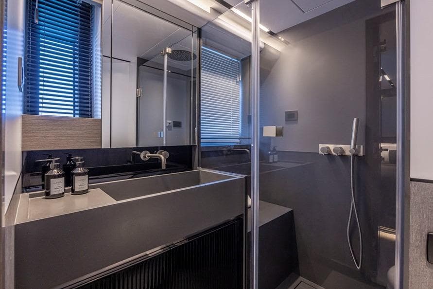 Modern bathroom interior in 2024 Pearl 82, featuring sleek design and contemporary fixtures.