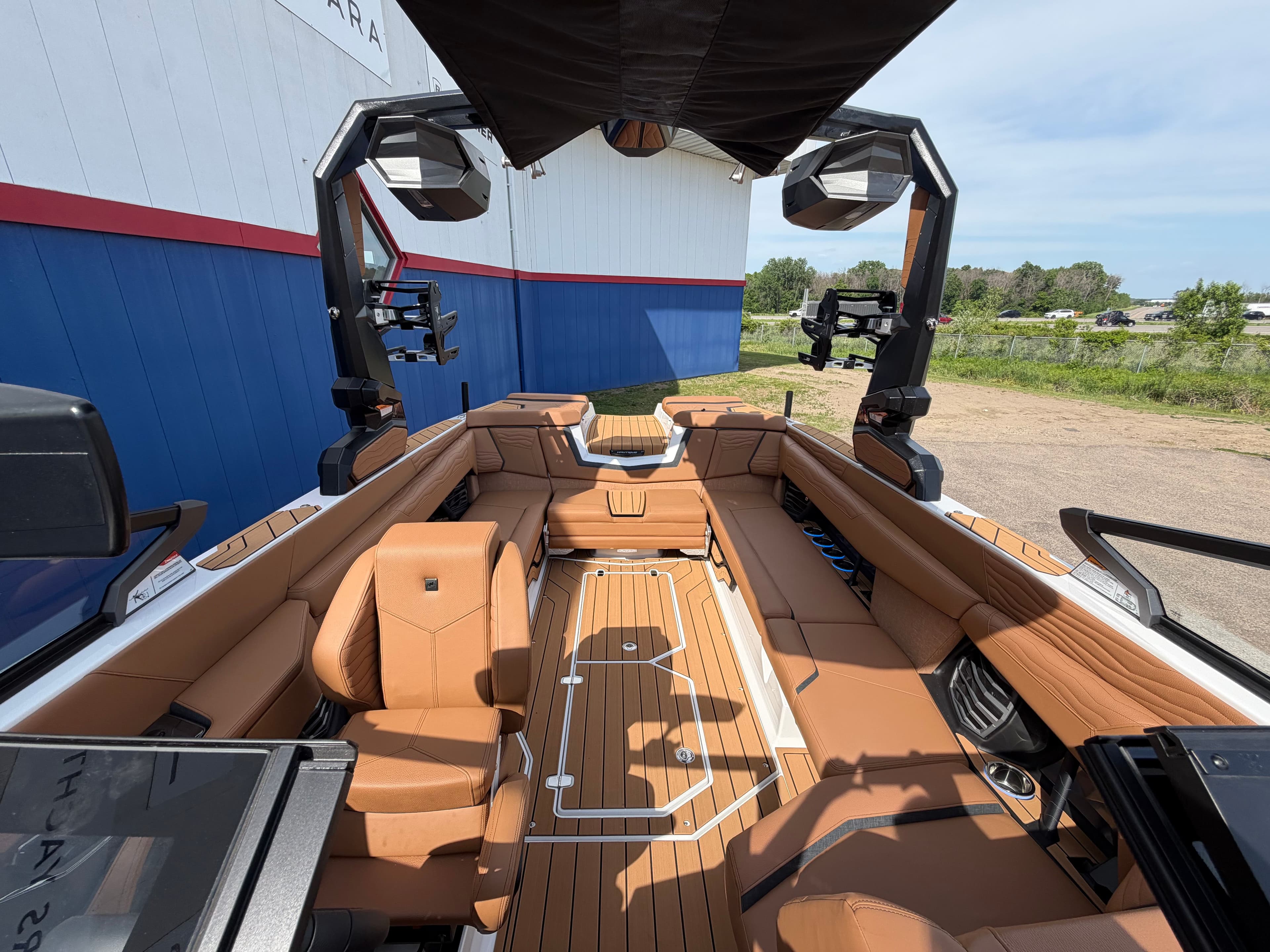 Interior of 2026 Nautique Super Air Nautique G25 with luxurious leather seating.