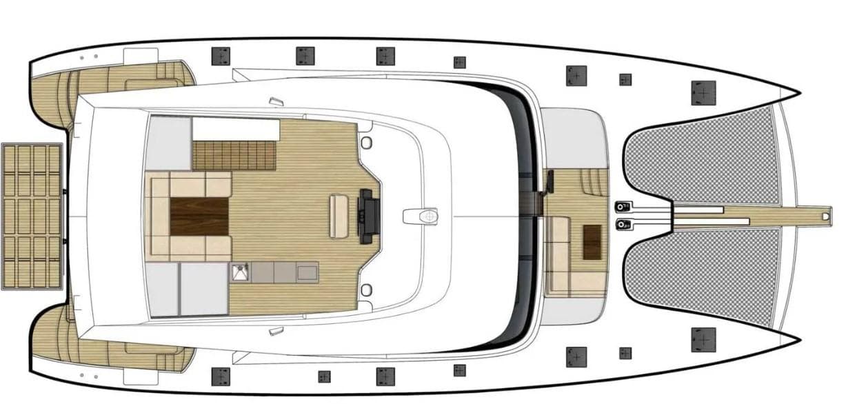 Top view layout of 2018 Sunreef 74C catamaran yacht, showcasing deck and interior design.