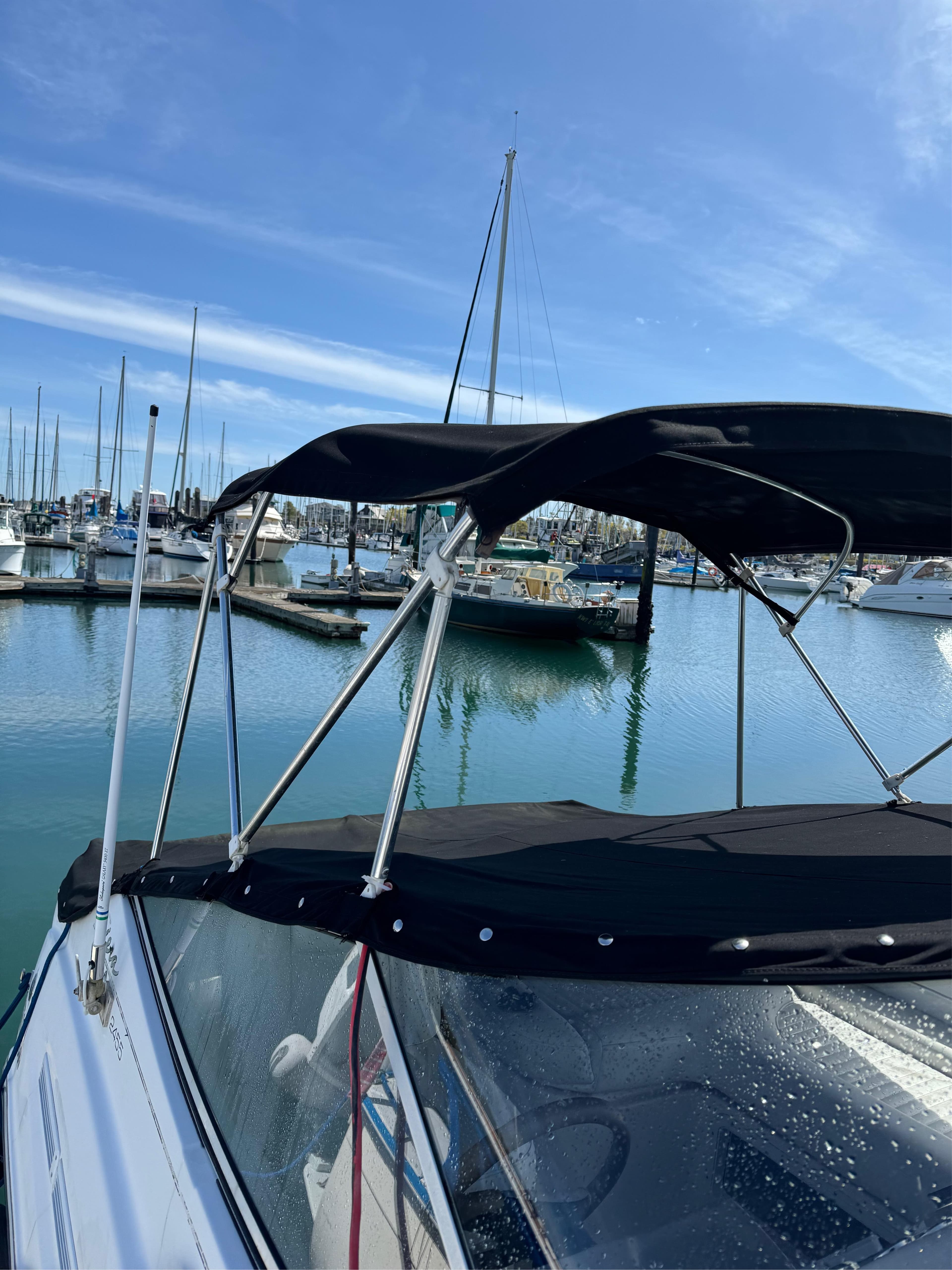 2002 Bayliner 245 Cruiser docked in a marina under a clear blue sky.