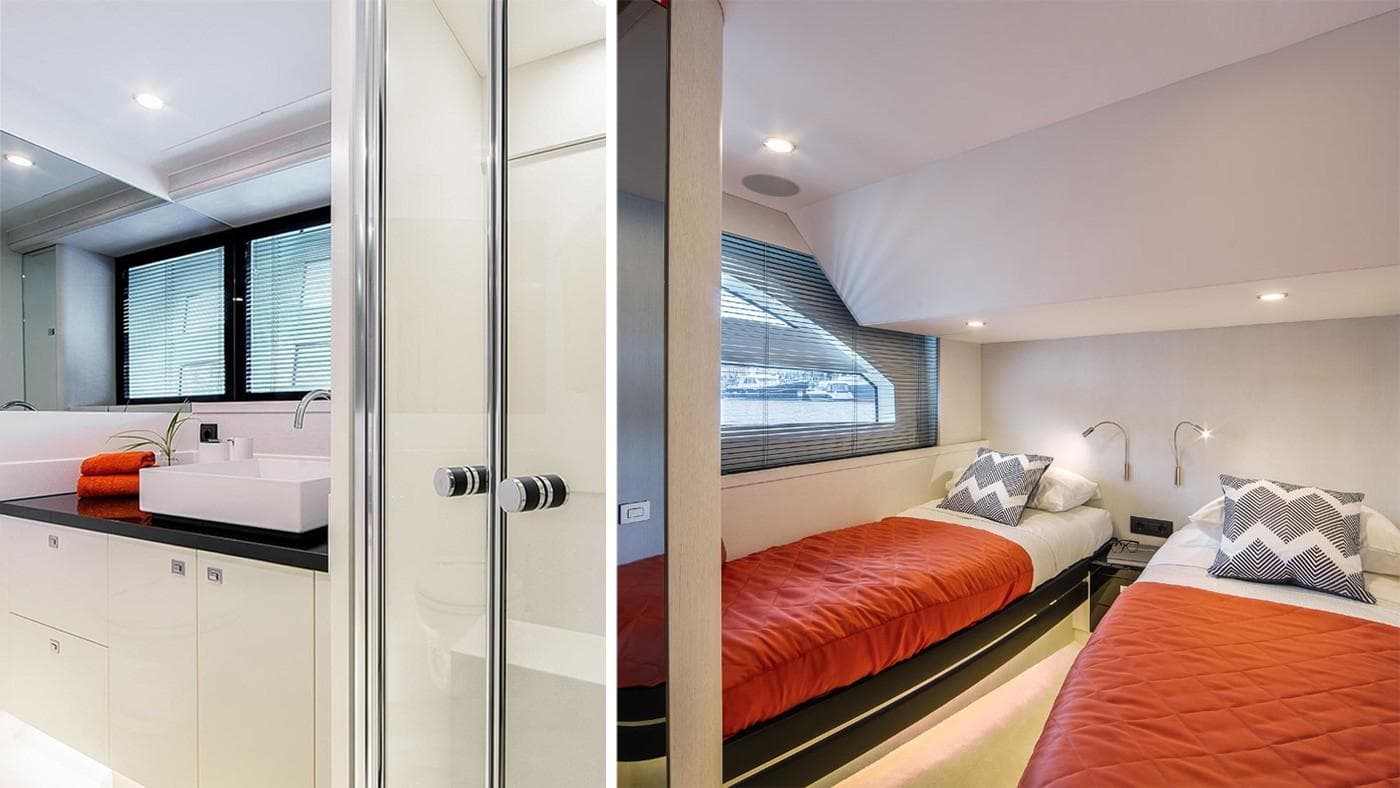 Luxurious interior of 2025 Van der Valk BeachClub 600 yacht with modern bathroom and twin bedroom.