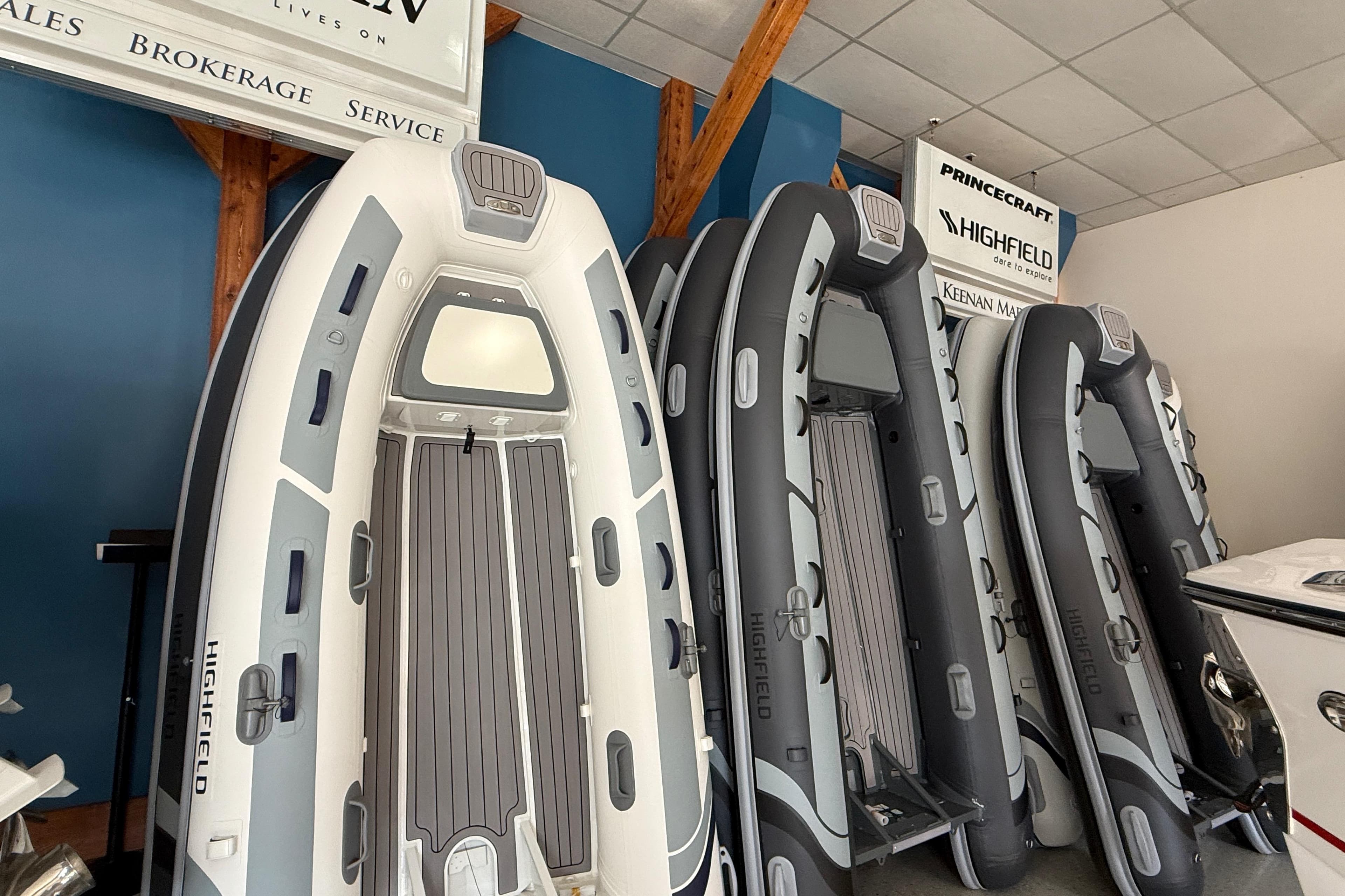 2025 Highfield Classic 380 inflatable boats displayed in a showroom.