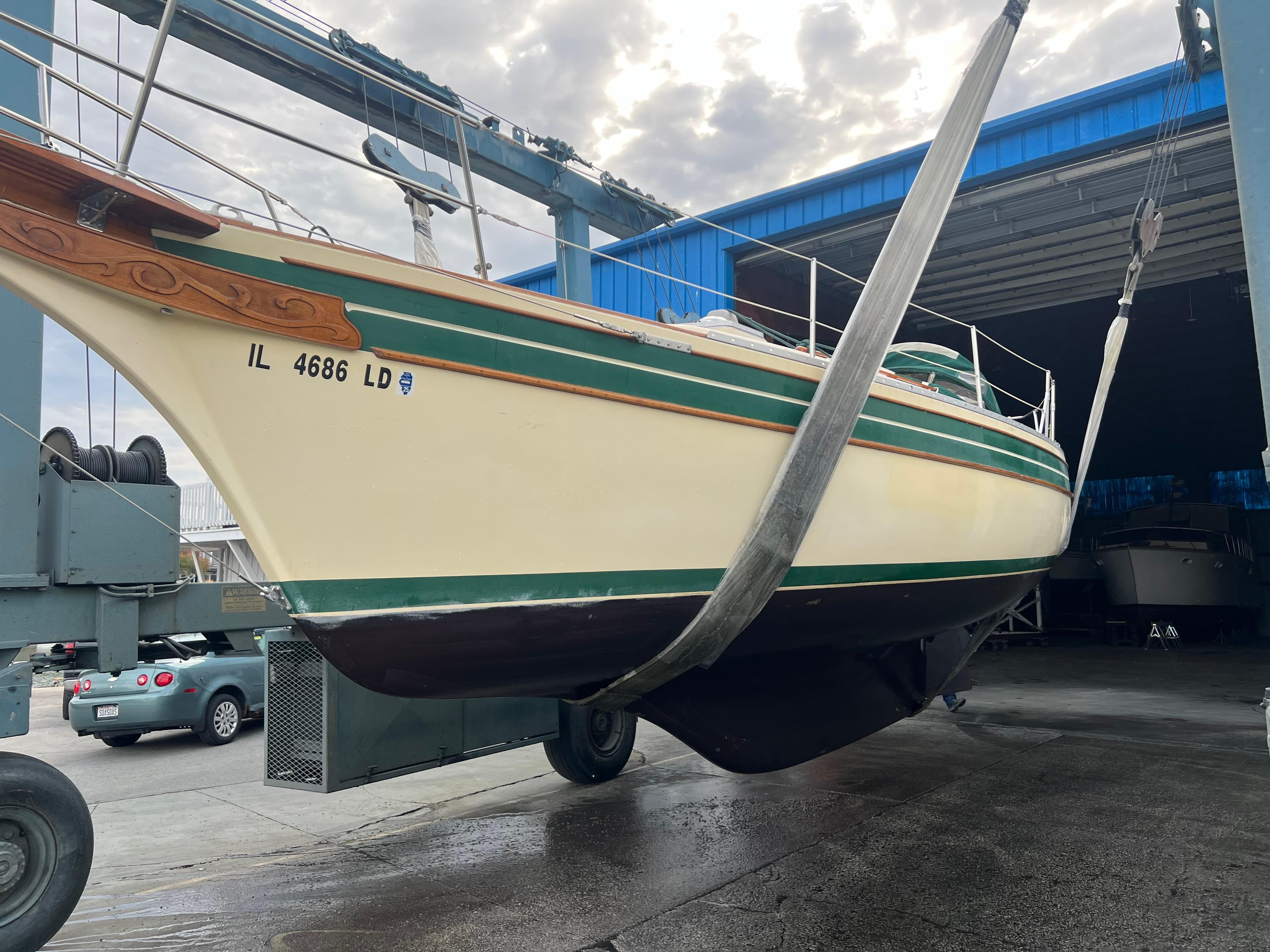 1987 Bayfield 32C sailboat in dry dock, undergoing maintenance.