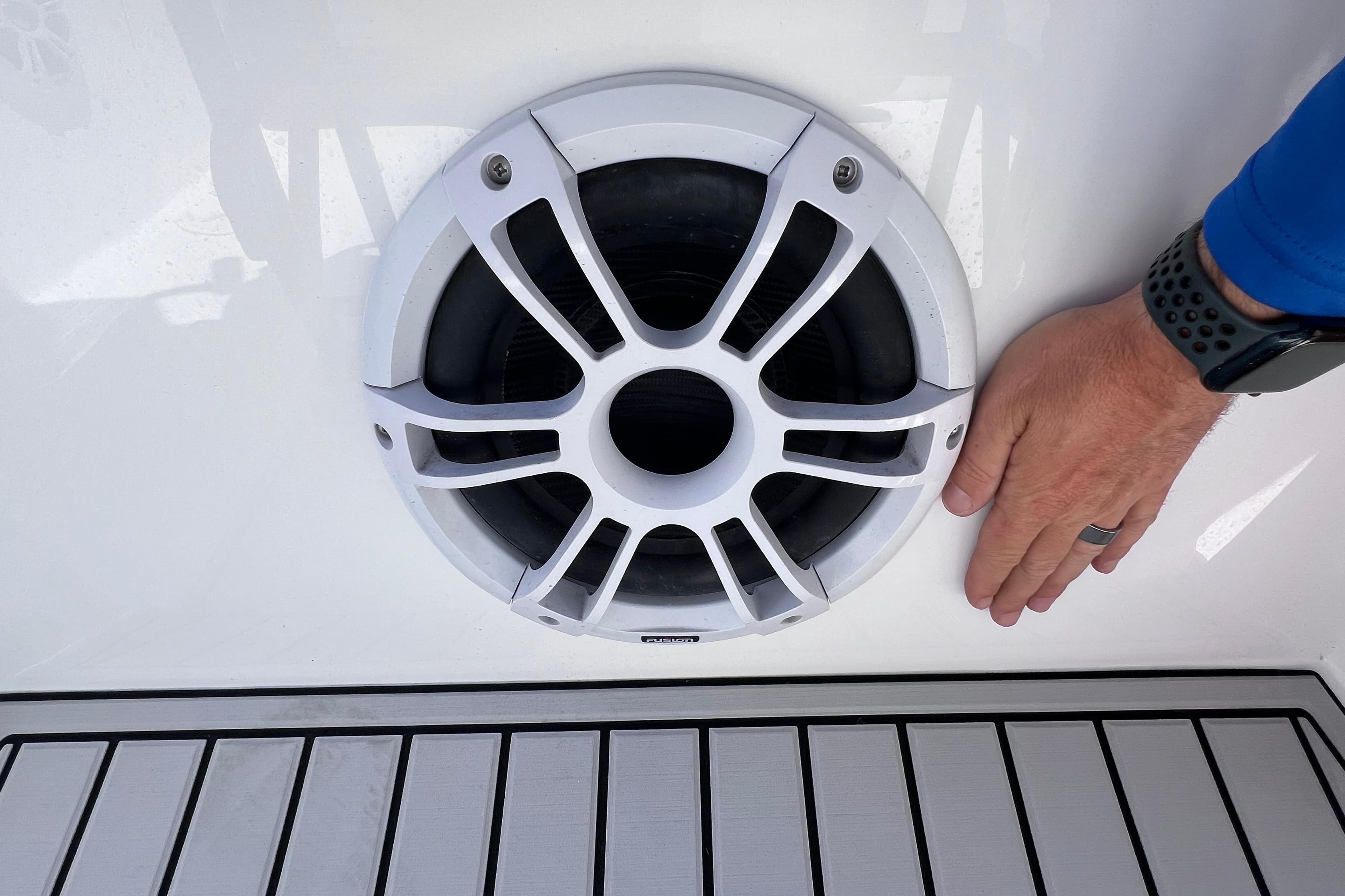 Close-up of a speaker on a 2023 Twin Vee 240 GFX CC boat deck.