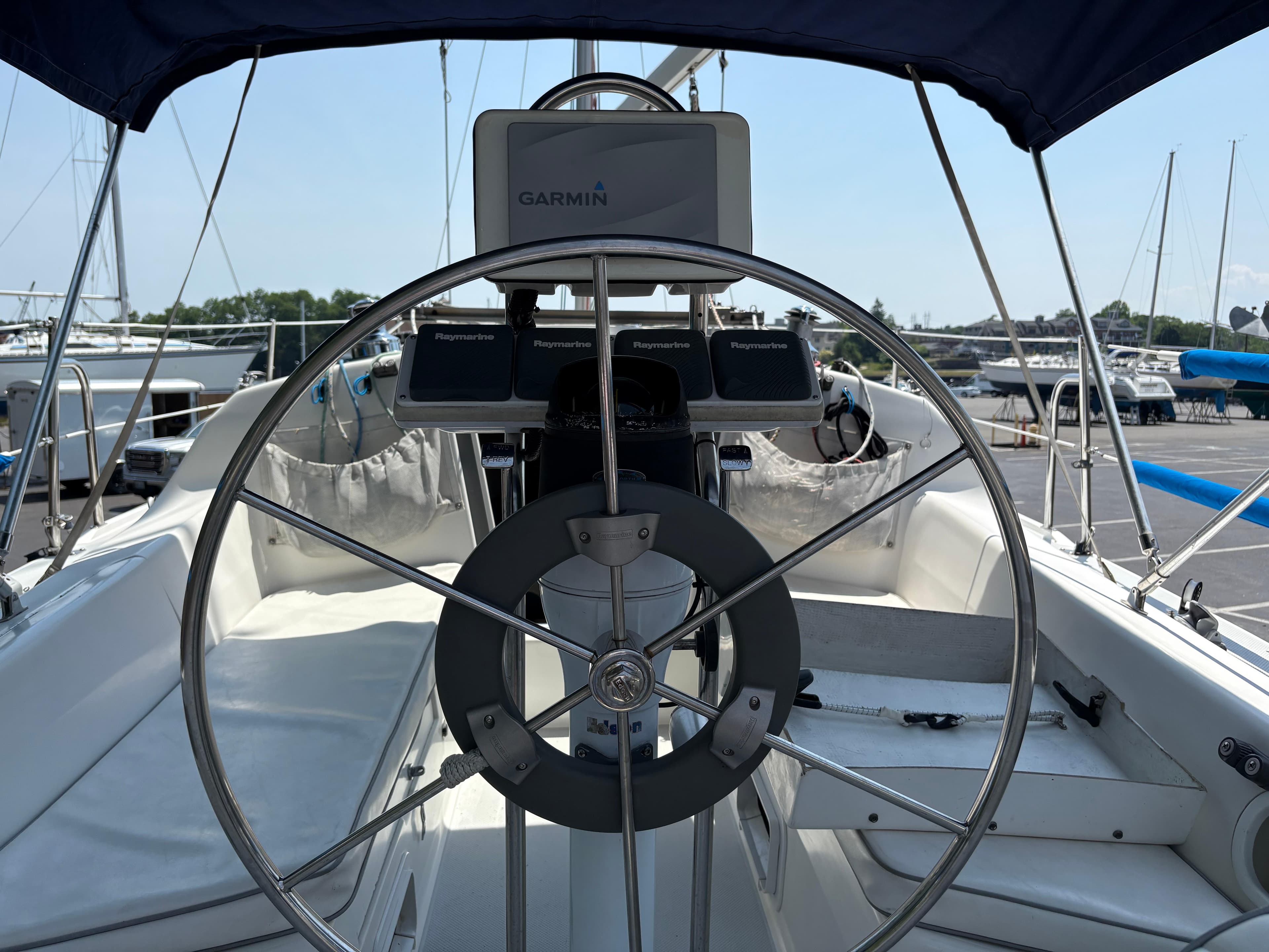 Cockpit of a 1994 Catalina 270 LE sailboat with Garmin navigation system.