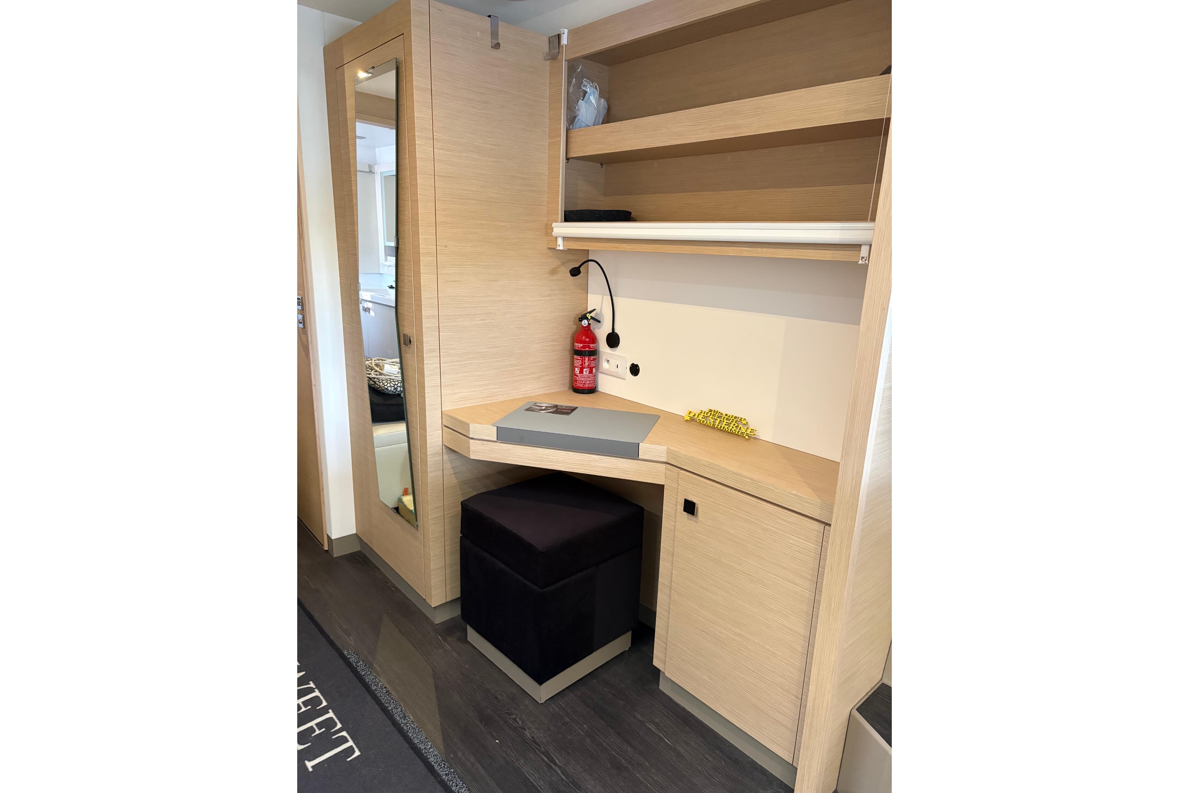 2024 Fountaine Pajot Astrea 42 Catamaran interior with desk and storage.