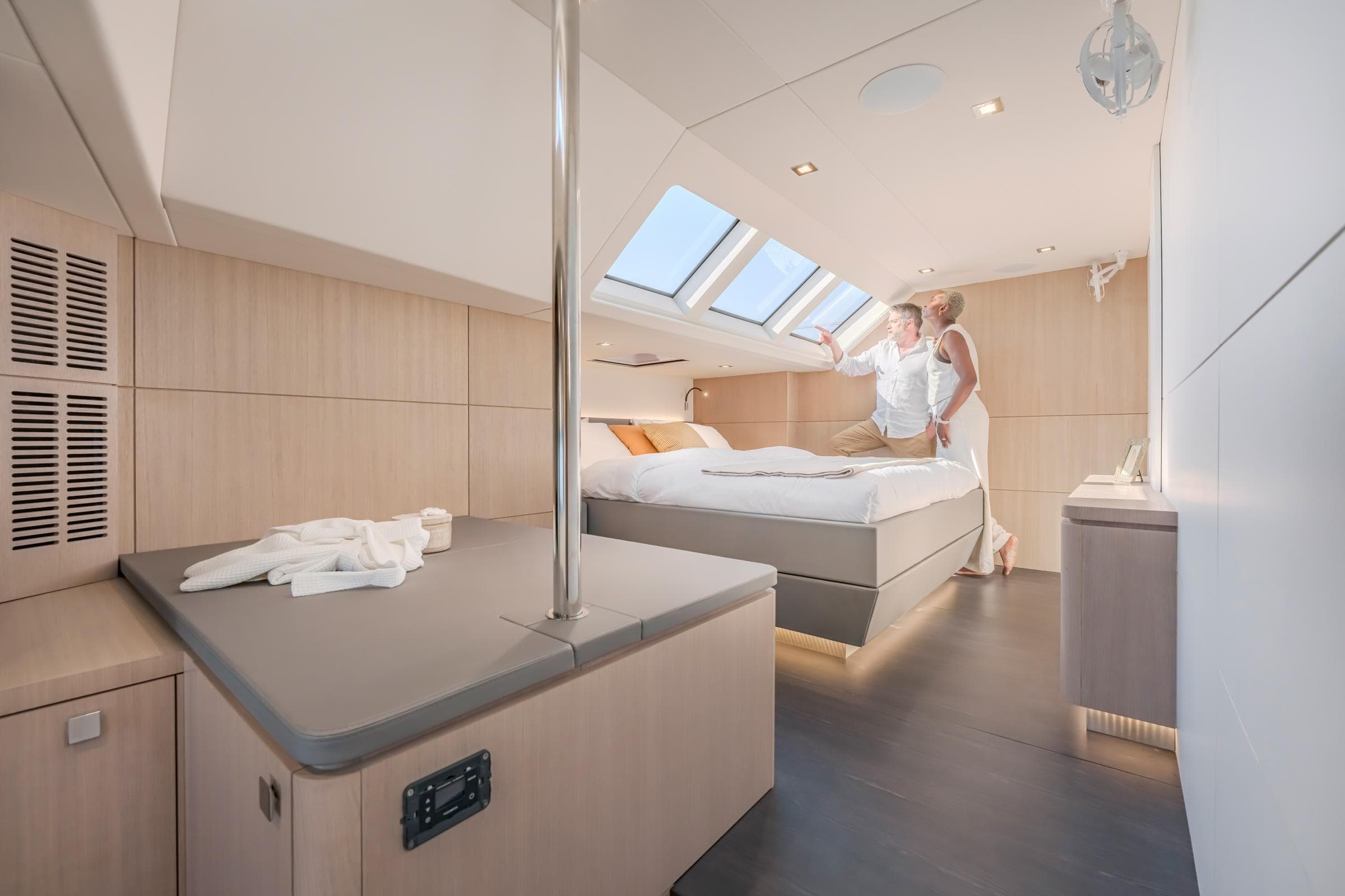 Luxurious cabin interior of 2025 Privilege Signature 650 yacht with modern design.