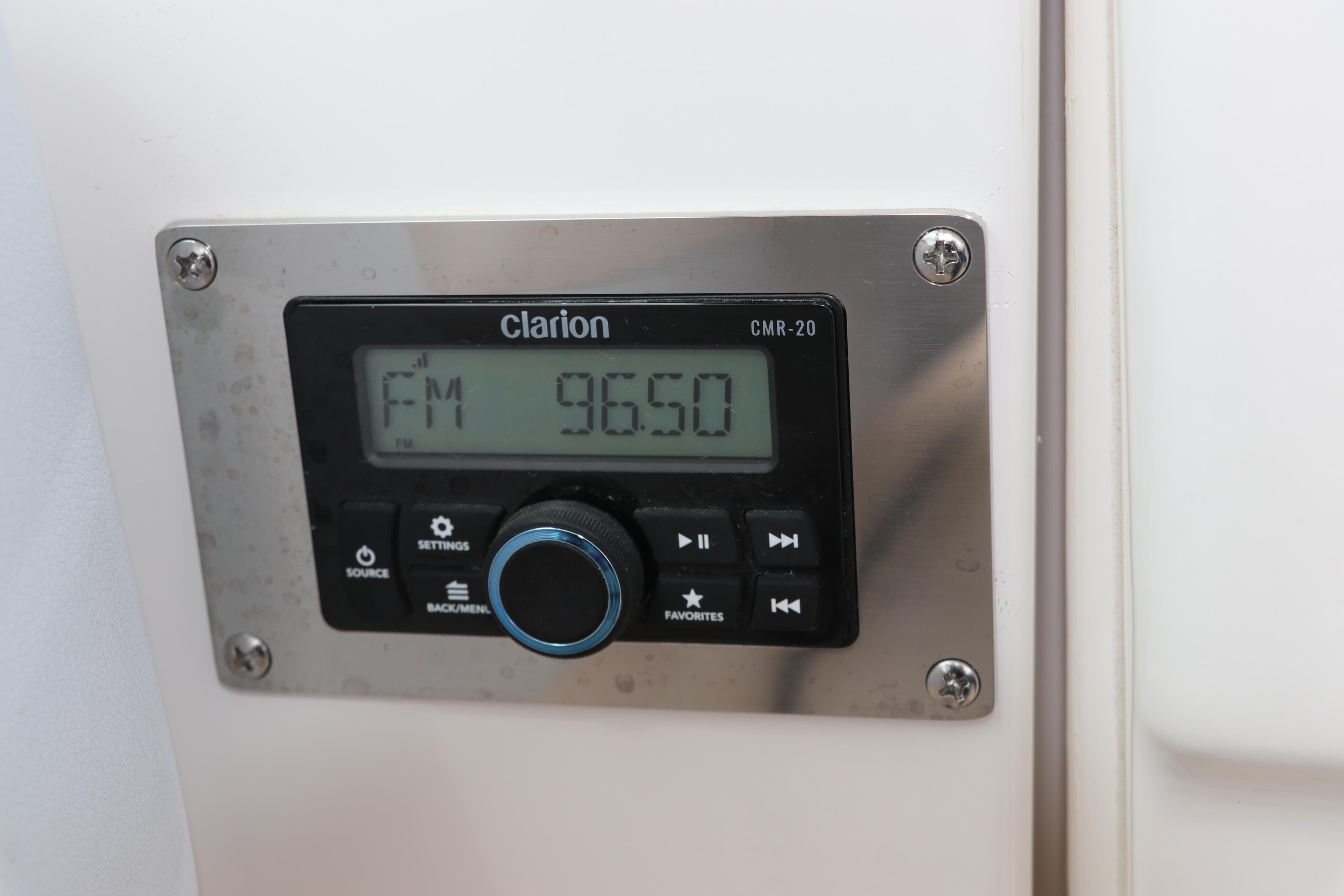 Clarion CMR-20 radio display on 2026 Robalo R257 Dual Console boat.