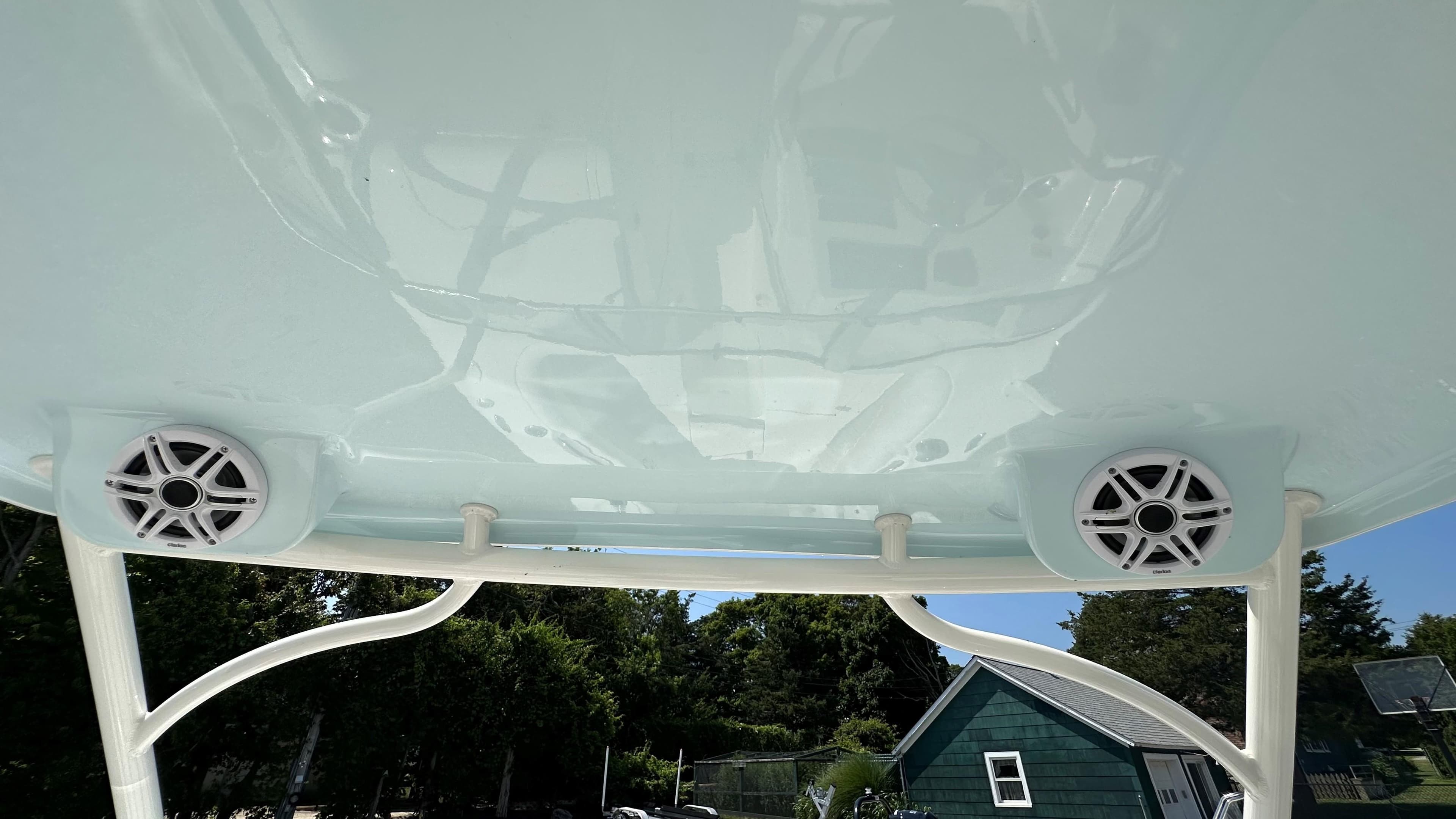 2026 Key West 239 DFS boat speakers and canopy, viewed from below.