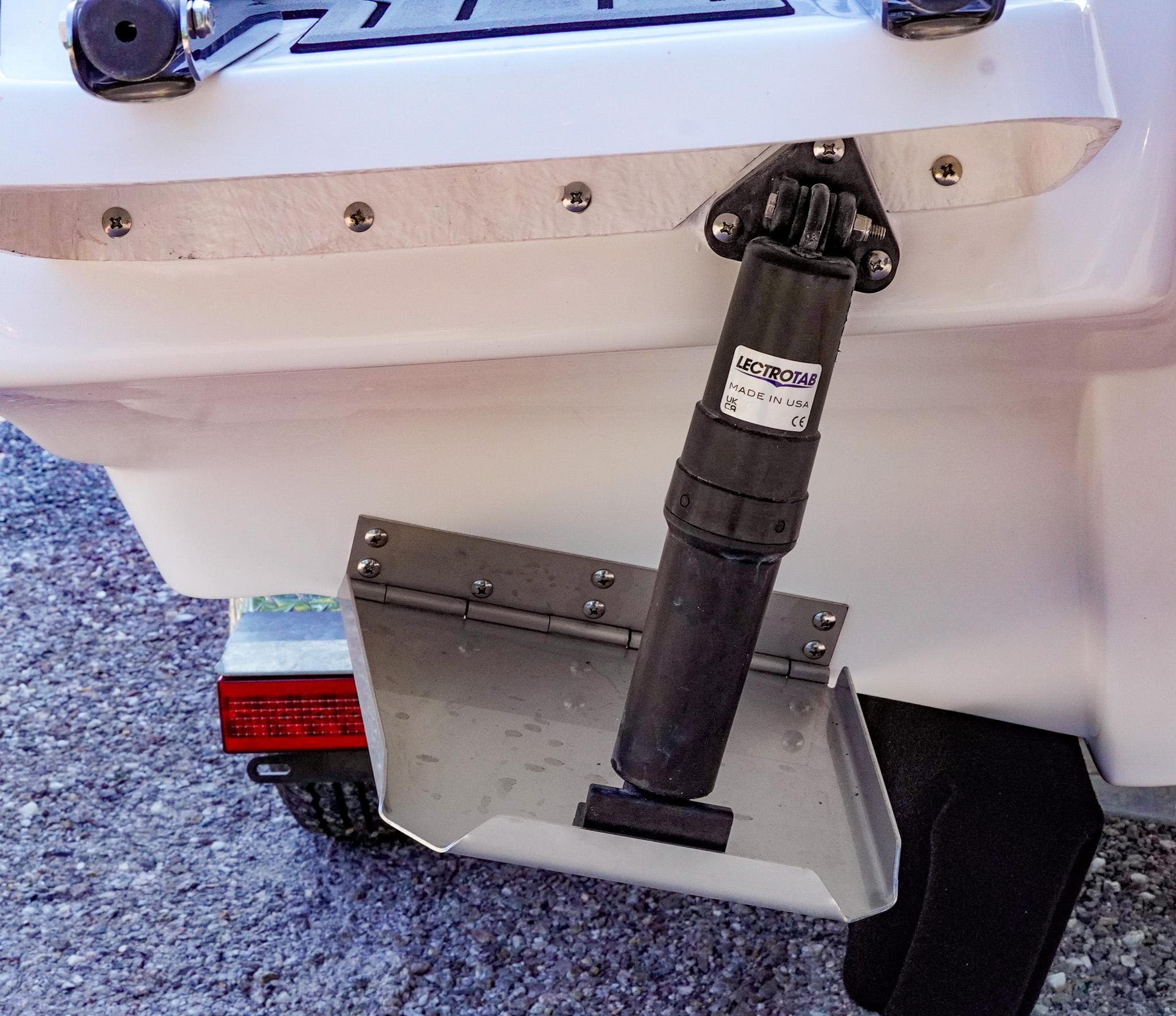 Trim tab actuator on 2026 Tidewater 2410 Bay Max boat.