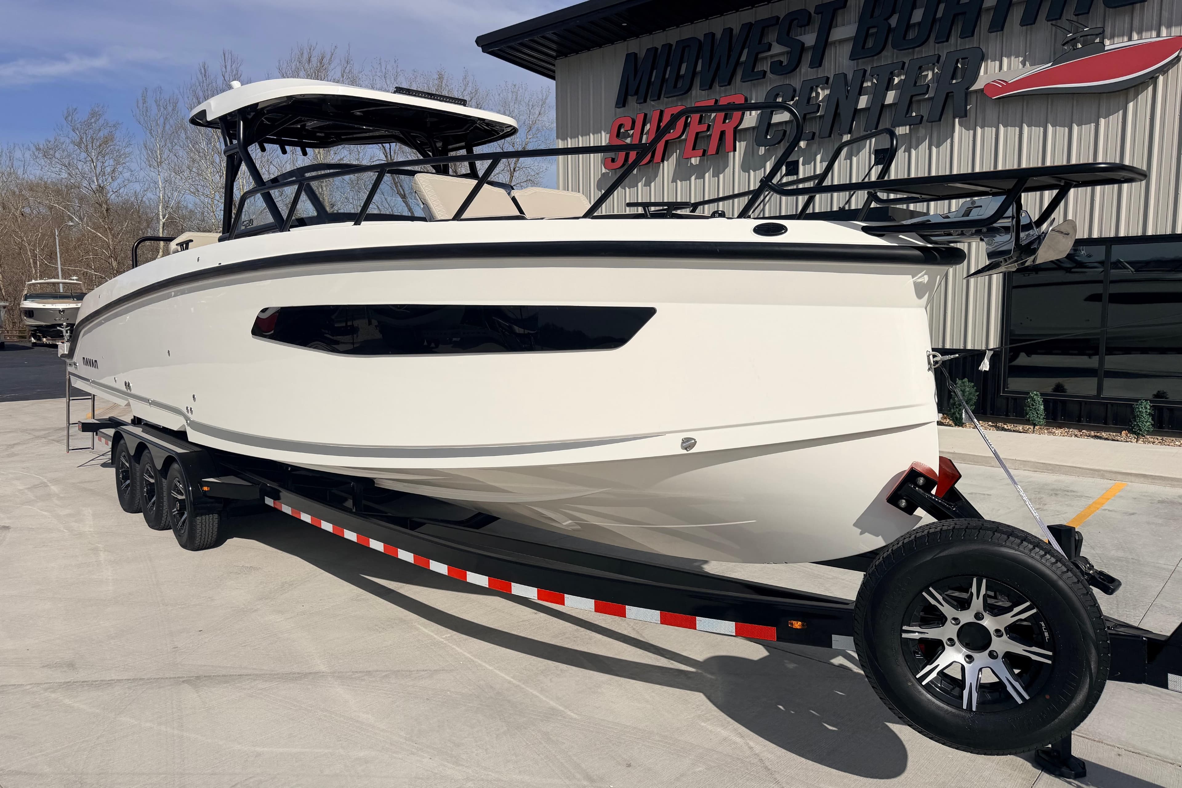 2026 Navan S30 boat on trailer at Midwest Boating Center.