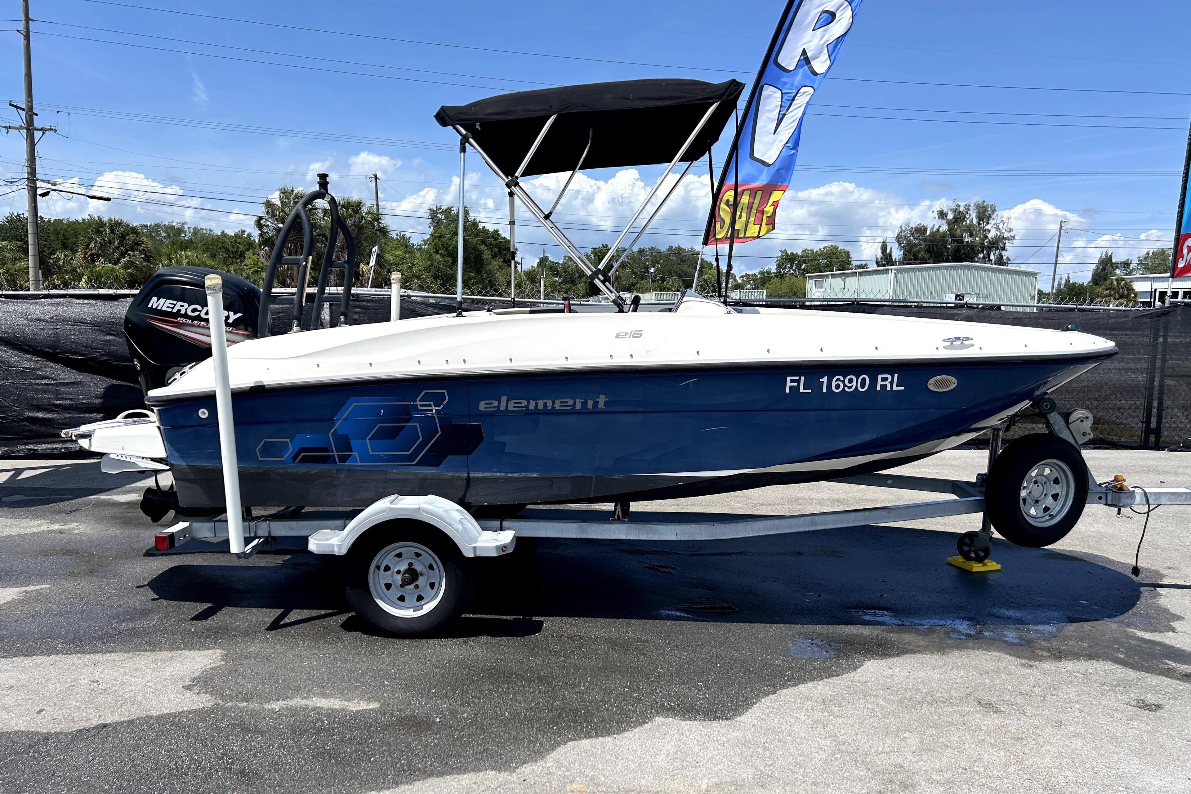 2017 Bayliner Element E16 boat on trailer, displayed for sale.
