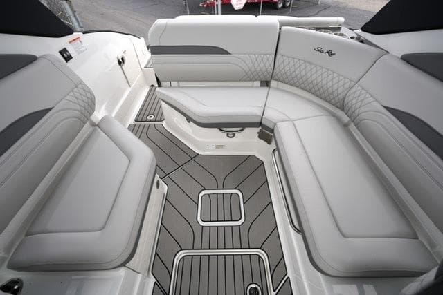 Interior seating of 2026 Sea Ray SLX 260 boat with elegant gray upholstery.