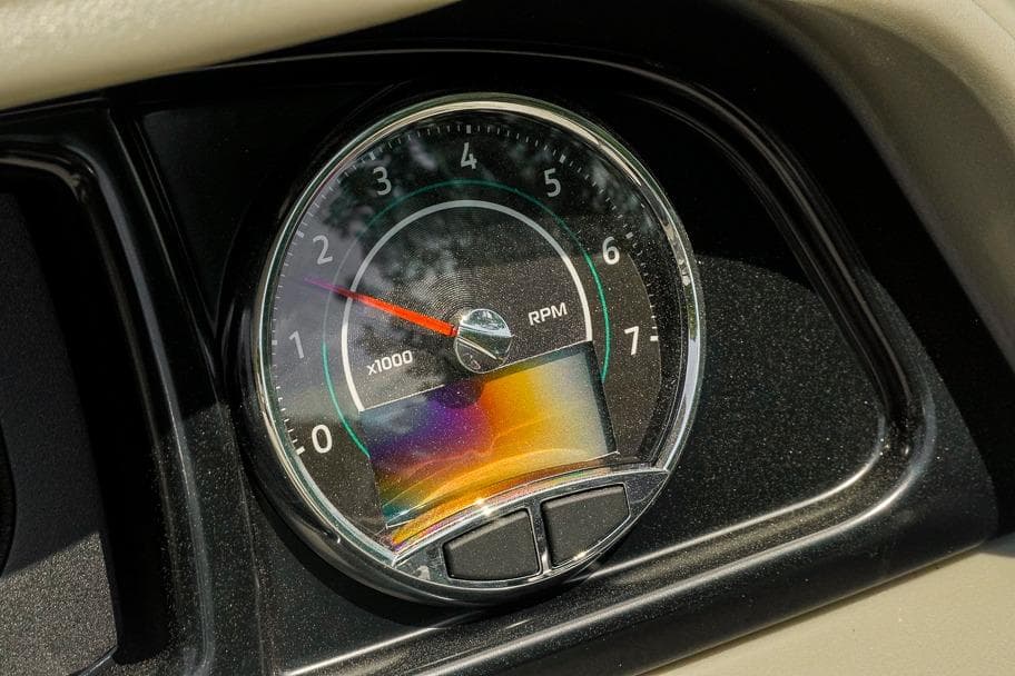Tachometer of 2026 Dockside Pontoons 22DQ showing RPM levels.