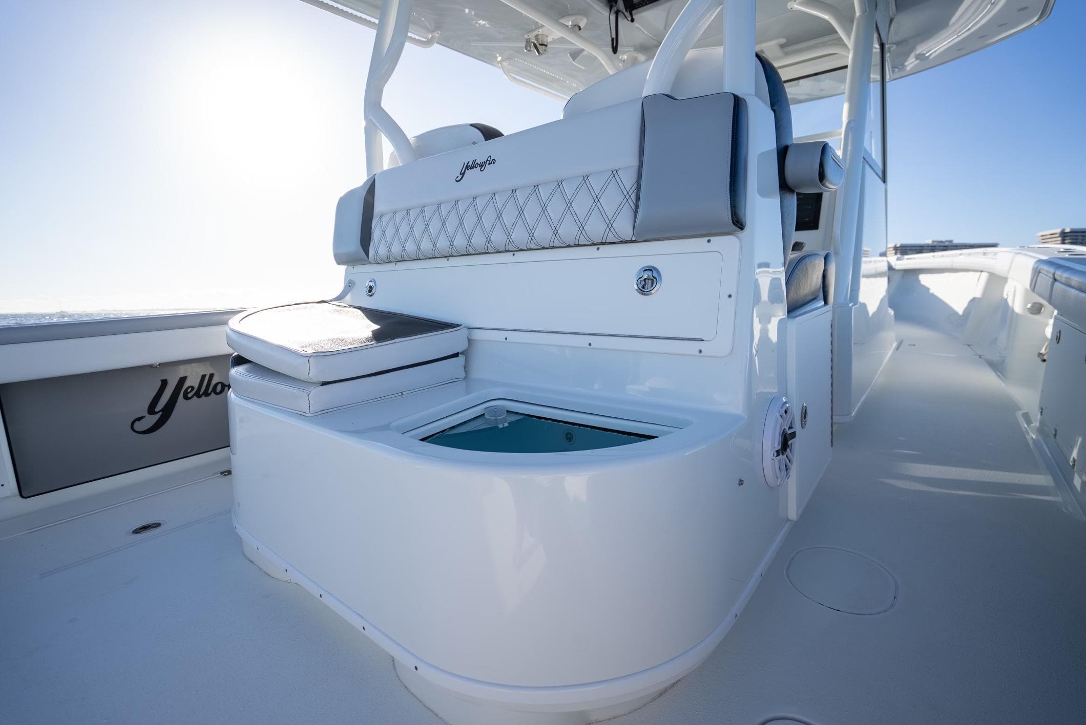 2019 Yellowfin 39 boat interior with seating and storage compartments.